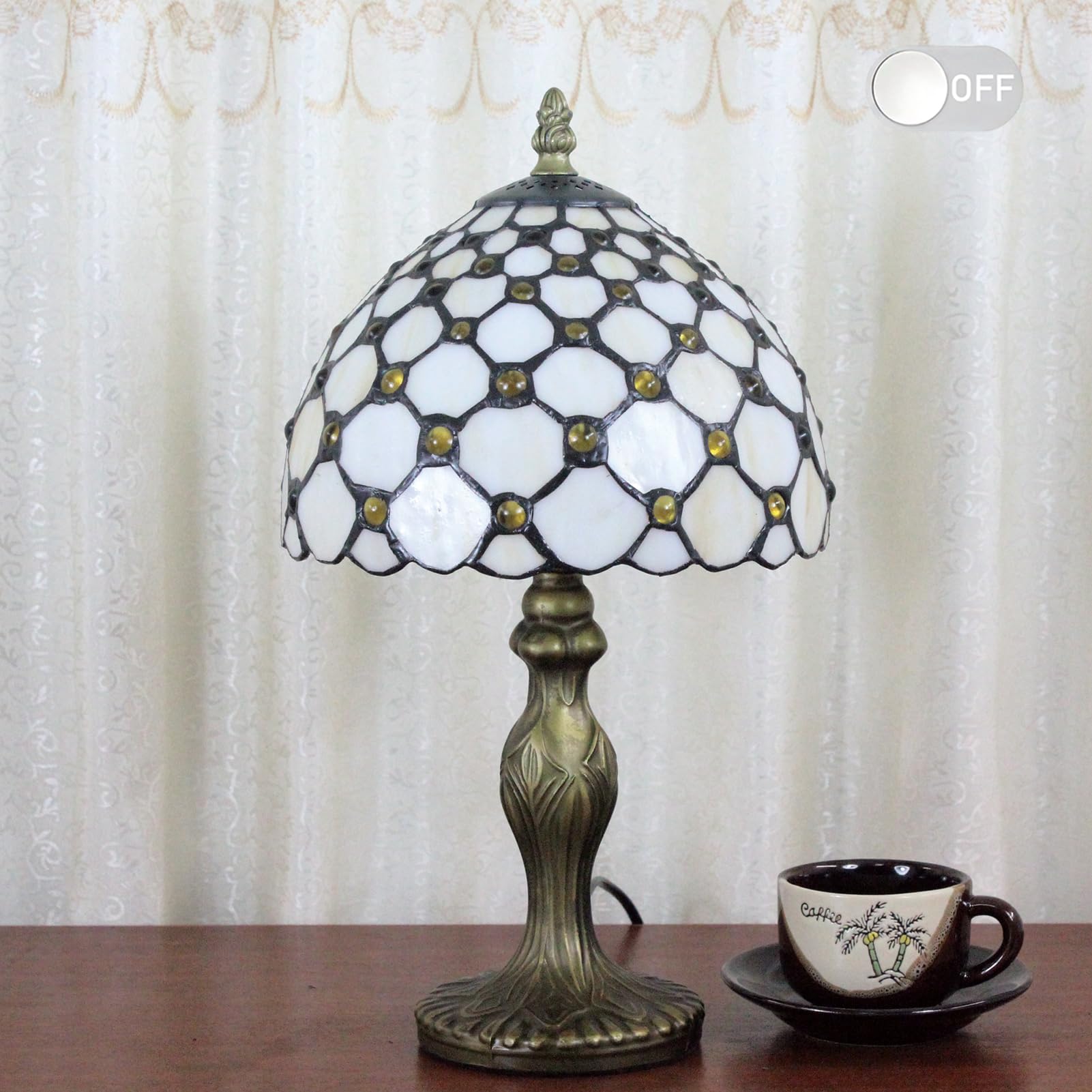 Tischlampe kleine im Tiffany Stil,Vintage Nachttischlampe,Schlafzimmer Fensterbank Deko Lampe,Jugendstil Tischleuchte,Beige Buntglas Lampenschirm 20cm / 8 Zoll mit LED E14 Birne