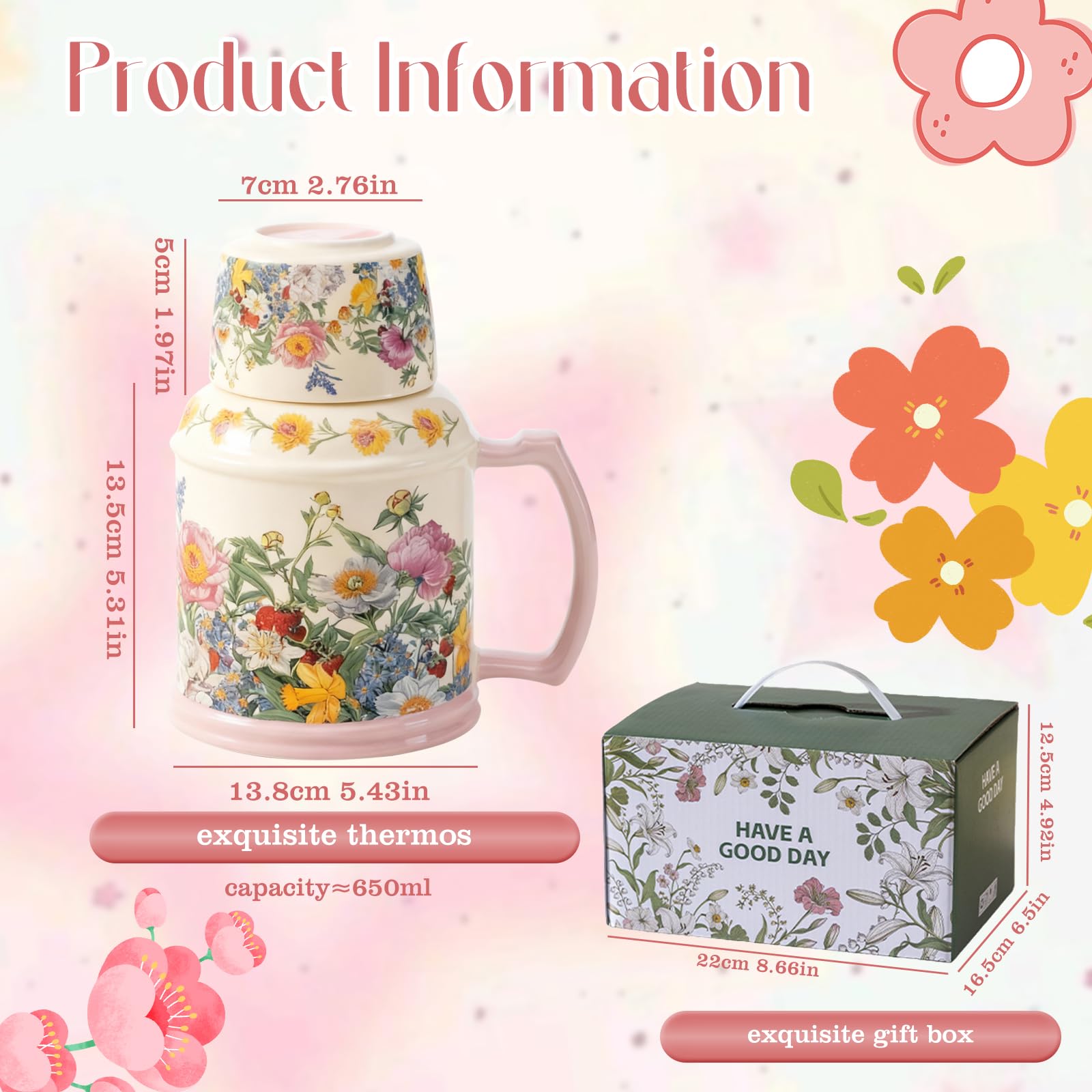 OHAANYY Teiera Vintage in Porcellana 650 ml, Set da Tè 2 in 1 con Tazza (Coperchio Rimovibile), Servizio da Tè Singolo per Casa e Ufficio, Idea Regalo (Fiori Freschi)