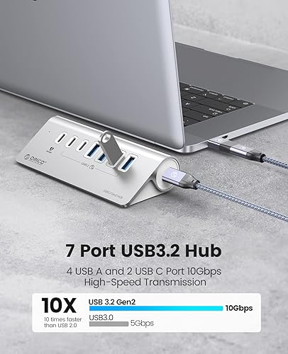 Miniatura 3 de ORICO 7 Port USB Hub 10Gbps, Aluminum USB 3.2 Gen 2 Hub, 6 USB 3.2 Data Ports, PD 60W Ports, 1.64Ft C to C Cable, USB Data Hub for Laptop