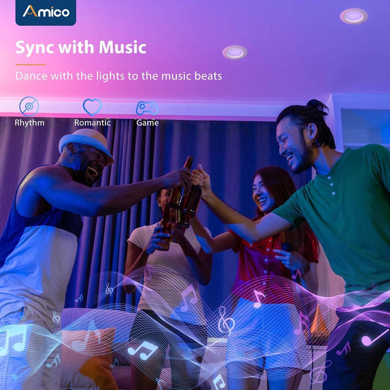 Amico 1 Pack 5/6 Inch WiFi LED Recessed Can Smart Matter Lights, RGBCW Color Changing Retrofit Recessed Lighting, Voice & APP Control, 12W=110W 1100LM, Alexa & Google Compatible, ACK, IC & ETL