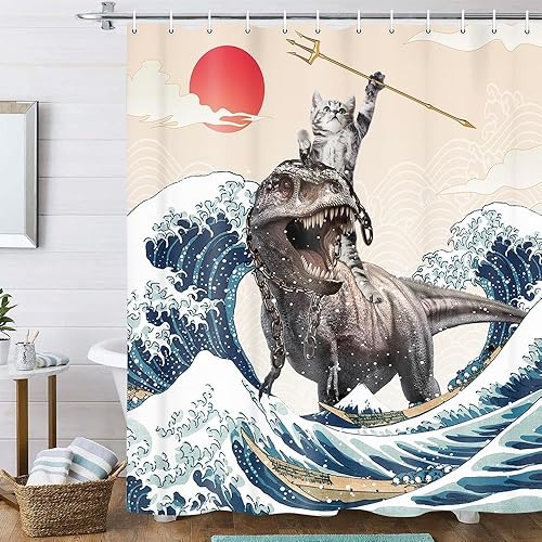 Uokiuki Funny Cat Shower Curtain, Cute Cat Riding Dinosaur Japanese Ocean Waves 
