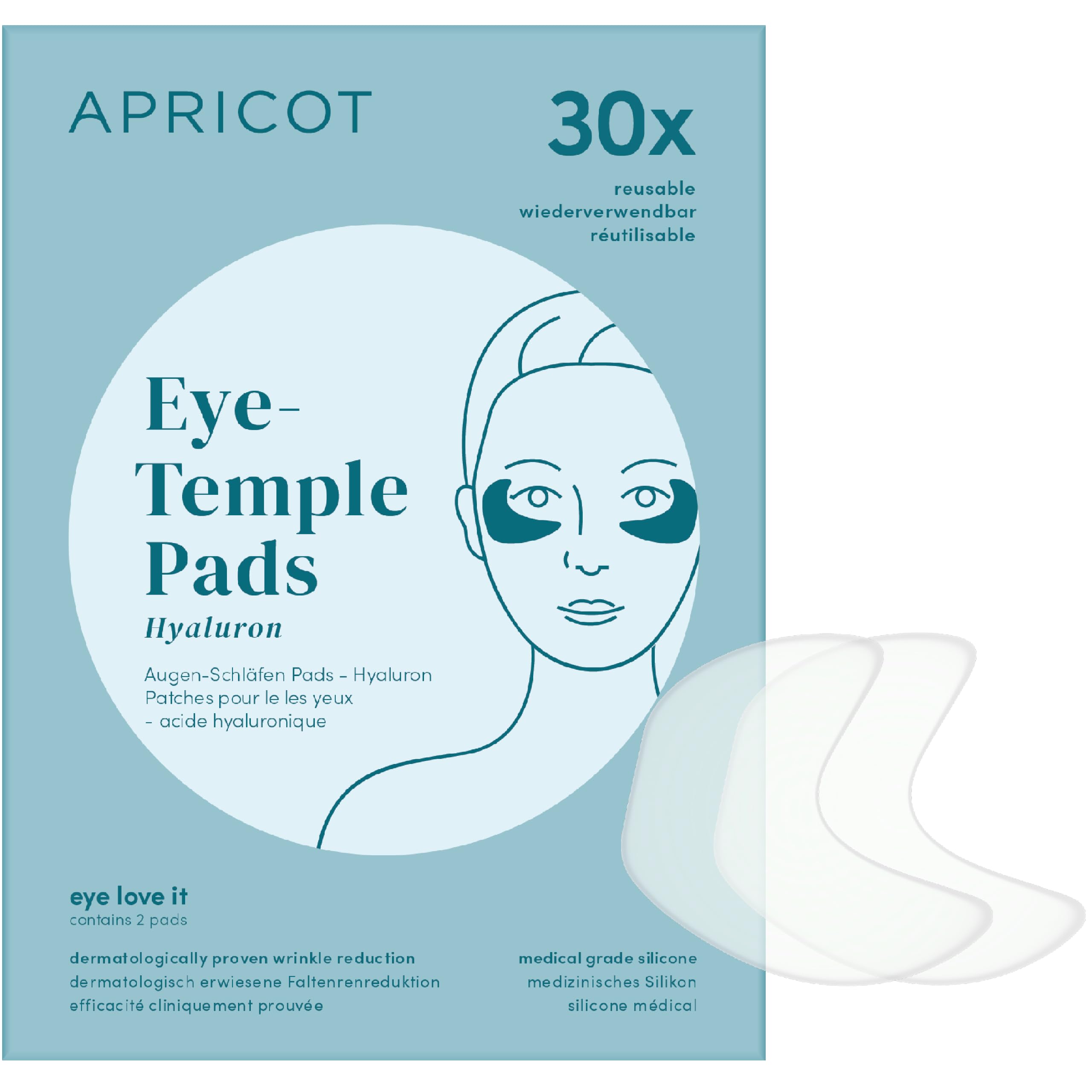 APRICOT Hyaluron Augenpads aus medizinischem Silikon mit niedermolekularem Hyaluron - Bis zu 30x Wiederverwendbar, Dermatologisch Bestätigt, Vegan & Tierversuchsfrei - Augenpads gegen Augenringe