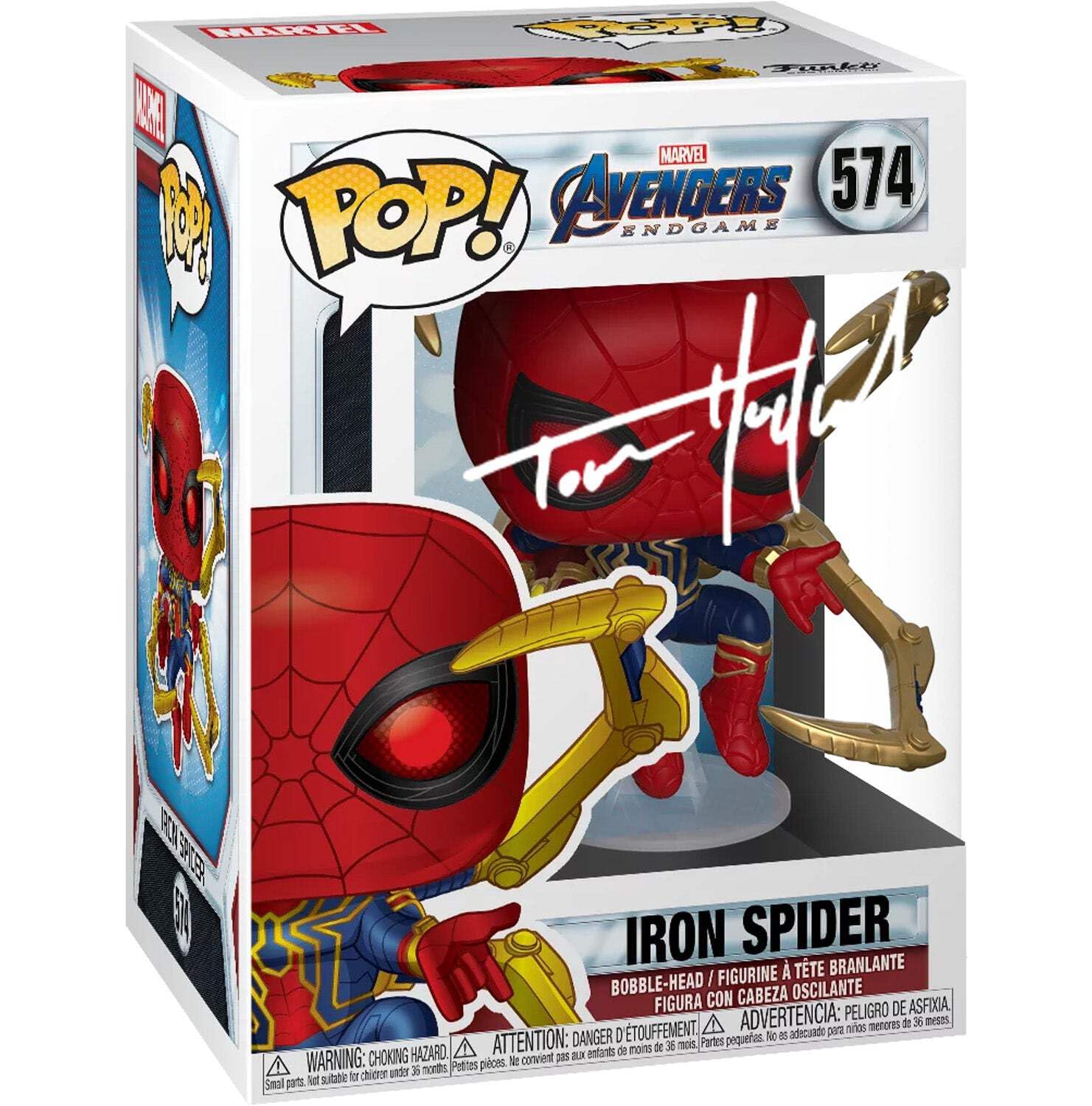 Tom Holland Spiderman Iron Spider #574 Facsimile Signed Reprint Laser Autographed Funko POP! Movies Marvel Endgame Figurine with Protector Case