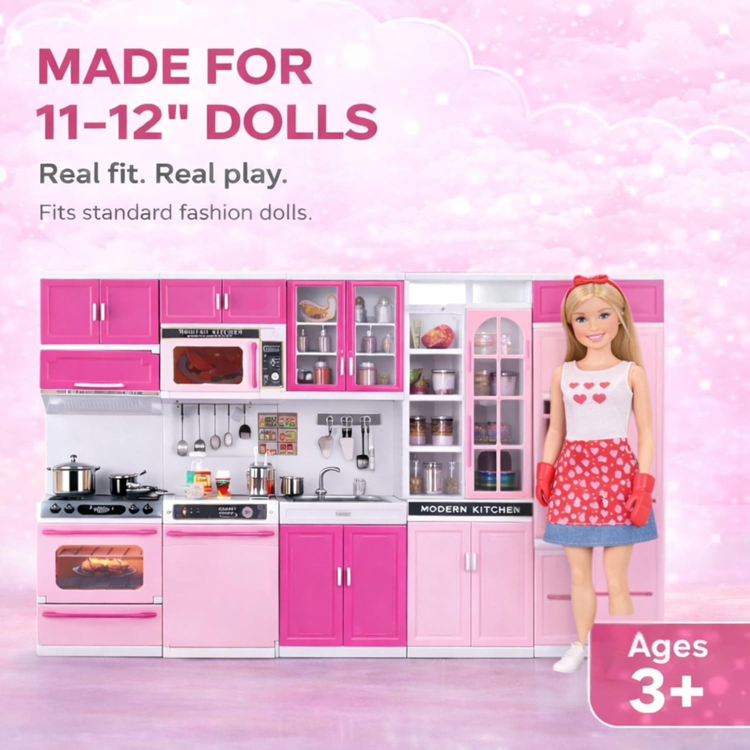 Doll Kitchen Playset for Kids, My Modern Mini Kitchen House Furniture Pretend Play Toy Accessories Set with Realistic Lights & Sounds for Toddlers, Girls (5-in-1 Kitchen Set)