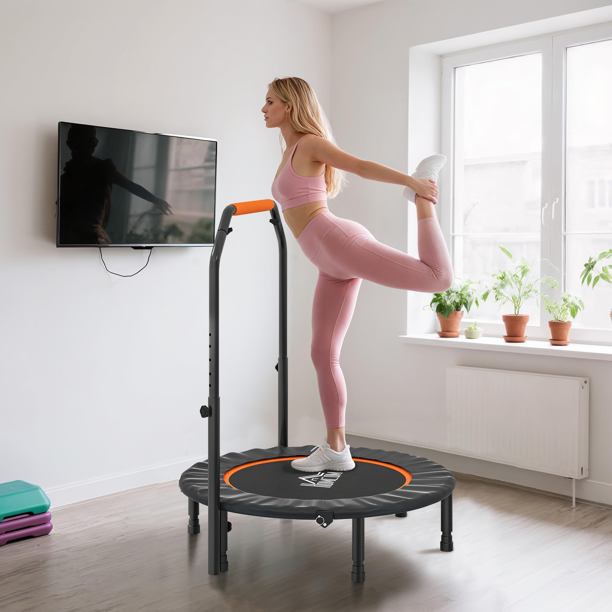 HOMCOM 102 cm Fitness-Trampolin, Faltbares Mini-Trampolin mit vierfach höhenverstellbarem Haltegriff, Fitness-Rebounder für Erwachsene, bis 150 kg