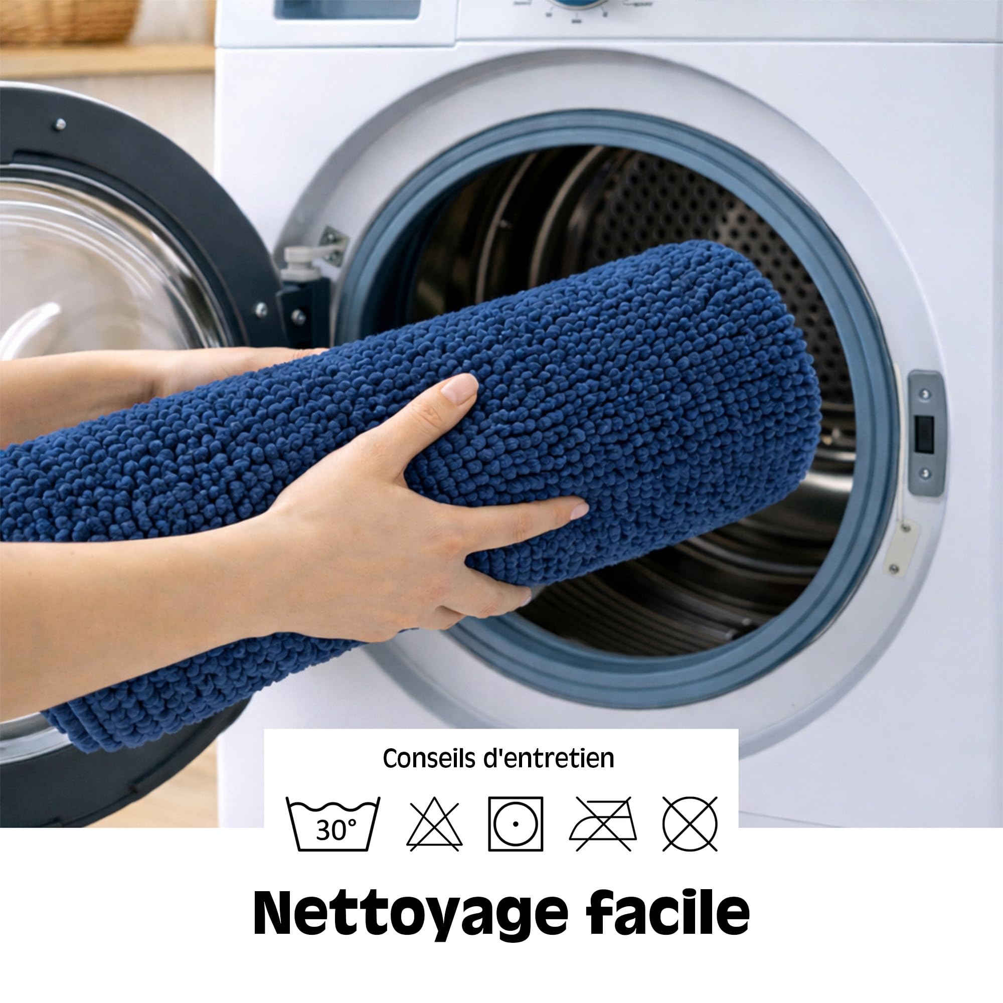 WohnDirect Tapis de Bain Bleu foncé 45x45 cm découpe – Antidérapant, Absorbant, Chenille Microfibre Ultra Douce – Confort Salle de Bain, Lavable Machine, Séchage Rapide