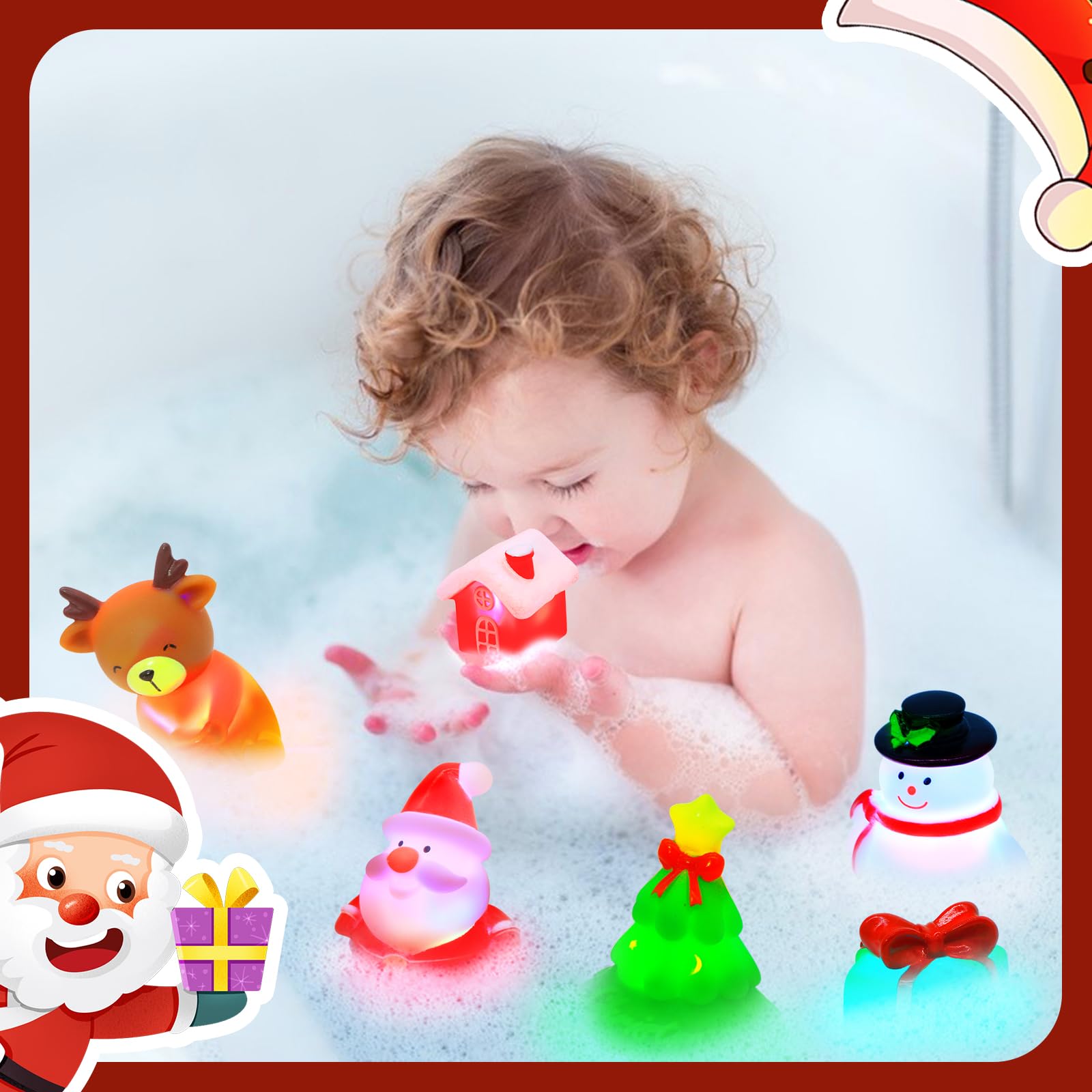 Juguetes de baño de Navidad para niños de 1 a 3: 6 paquetes de juguetes de baño flotantes brillantes para niños y niñas, regalos de Navidad de cumpleaños, juguetes de baño para