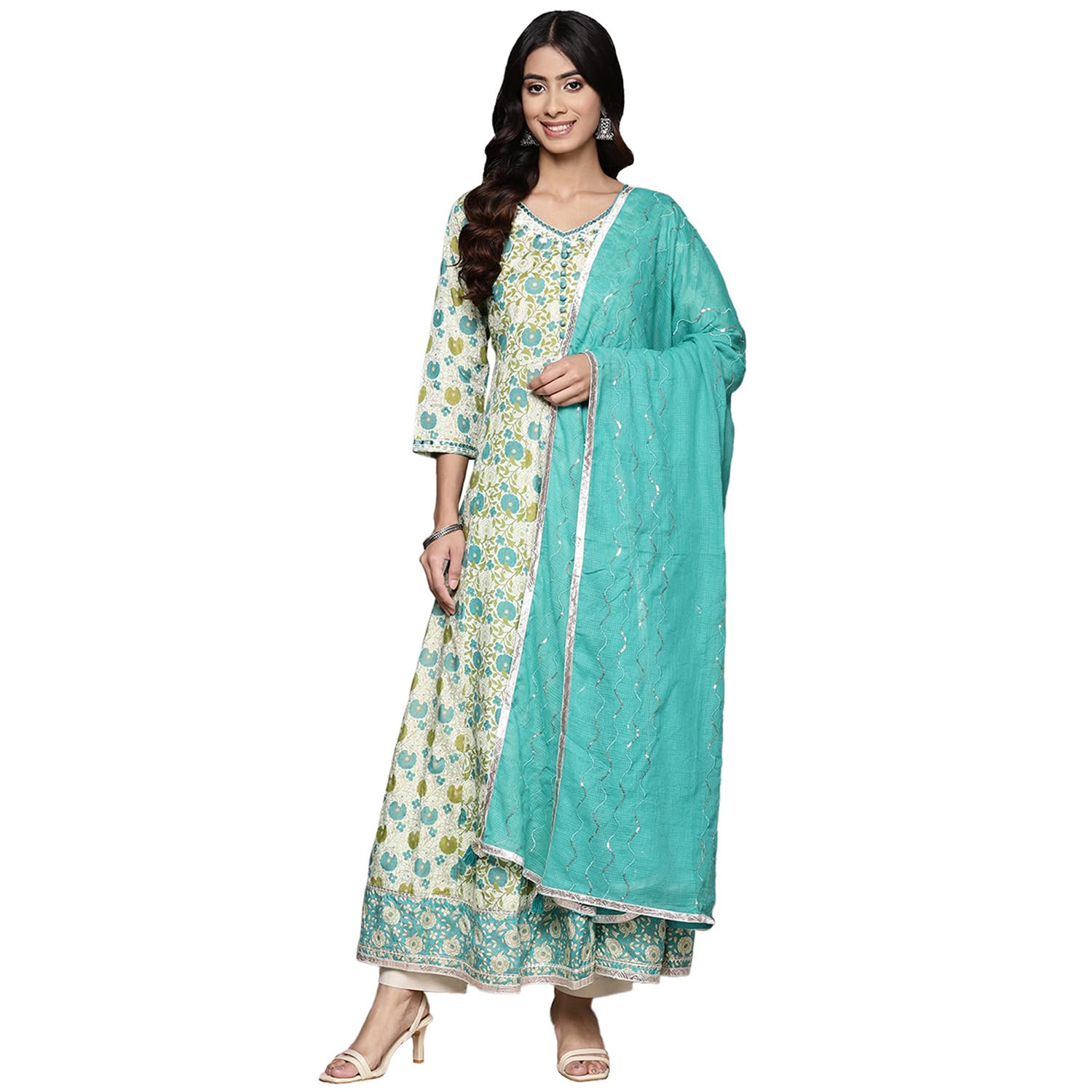 Ishin Women's Viscose Rayon Floral Printed Green Anarkali Kurta Suit Set With Dupatta