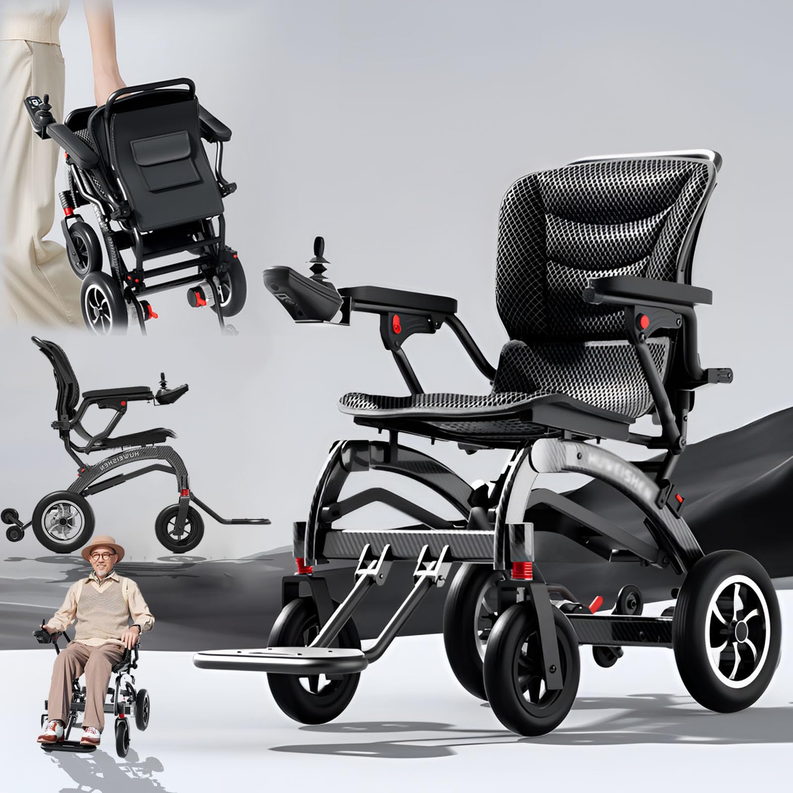Silla de ruedas eléctrica plegable para adultos y personas mayores, sillas de ruedas motorizadas de fibra de carbono con batería desmontable, silla de ruedas eléctrica ligera para uso diario, soporta
