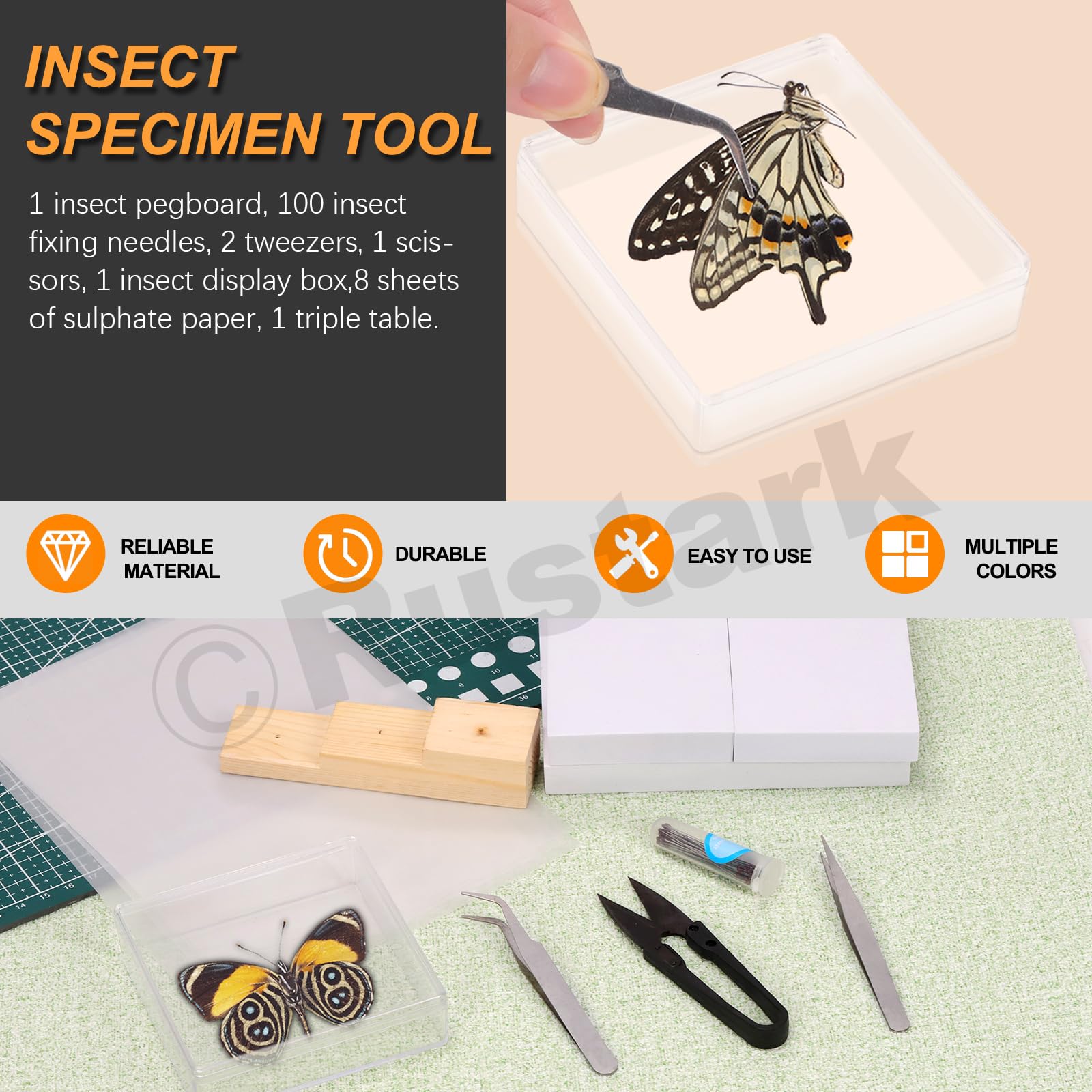 Rustark 114Pcs Making Insect Specimen Tools Kit Insect Pinning Kit with Insect Pinning Block Insect Pins Wings Pressing Paper Insect Pinning Board Entomology Supplies for Bugs Collection Science - Image 3