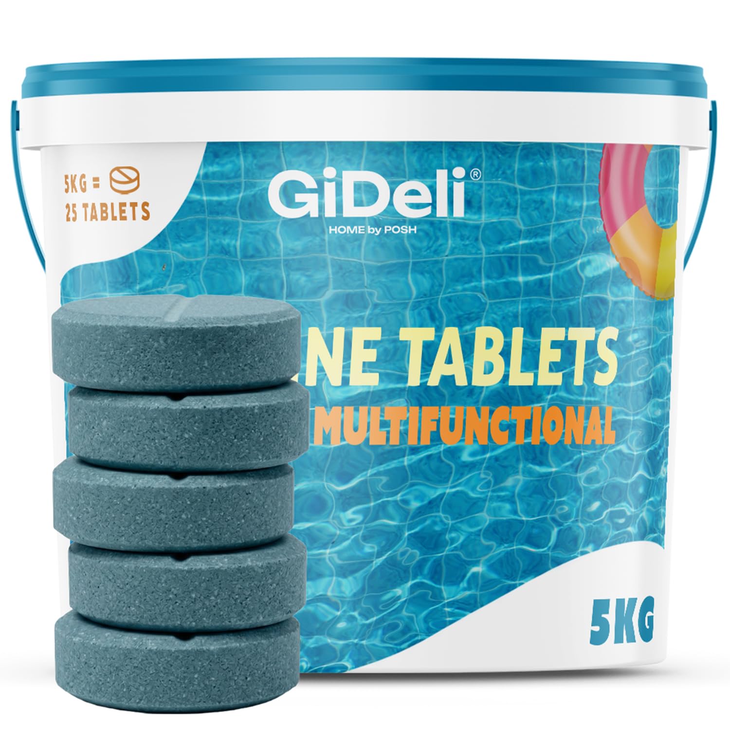 GiDeli Galets de Chlore Piscine Multifonction 5kg - Tablettes 200 g Longue Durée 4-en-1 - Anti-Algues, Stabilisé UV, Floculation - Hors-Sol, Tubulaire et Enterrée