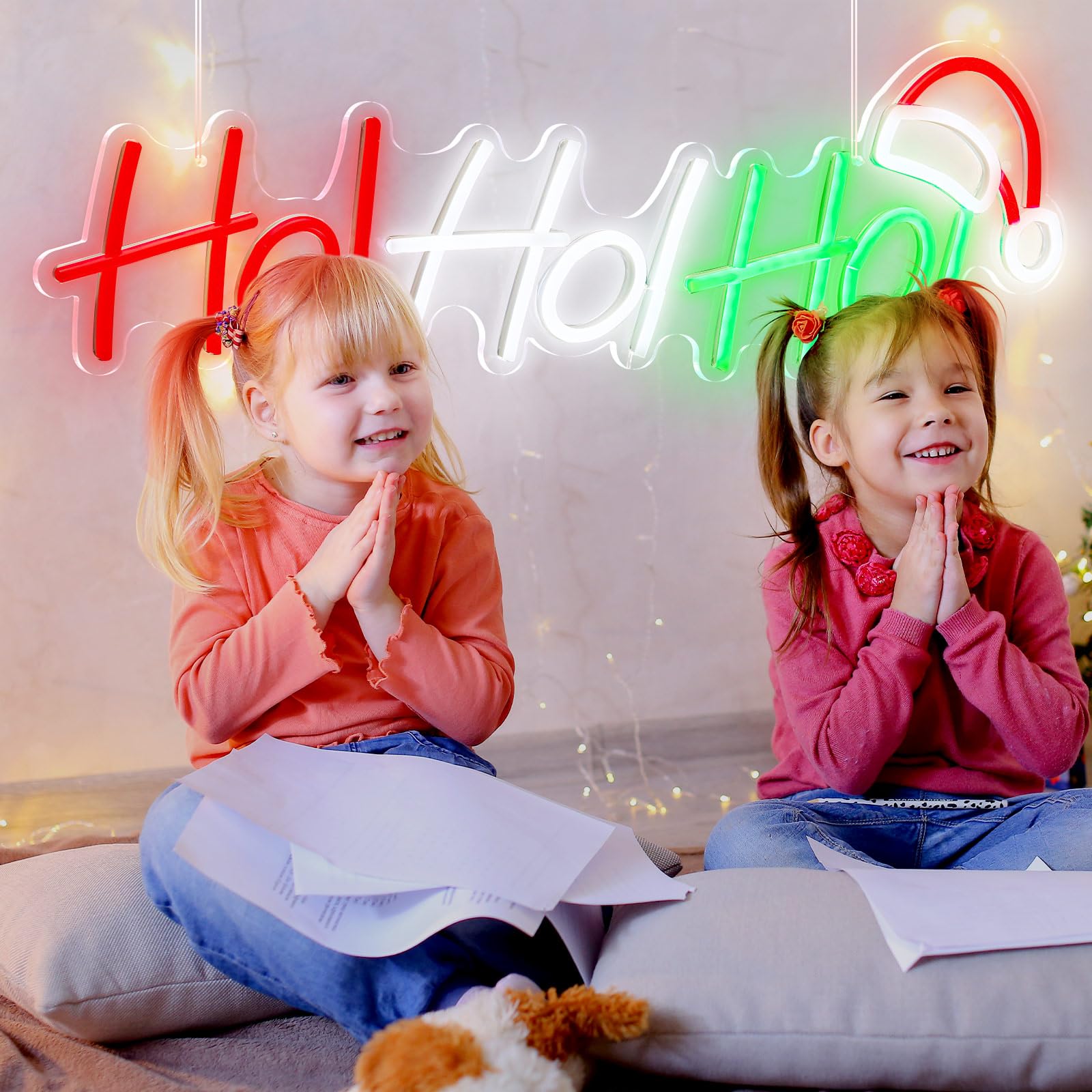 Glooglitter Hoho - Insegna al neon natalizia grande, con luce a LED, con scritta "Merry Christmas", per finestre, decorazioni natalizie per feste di Natale, camera da letto