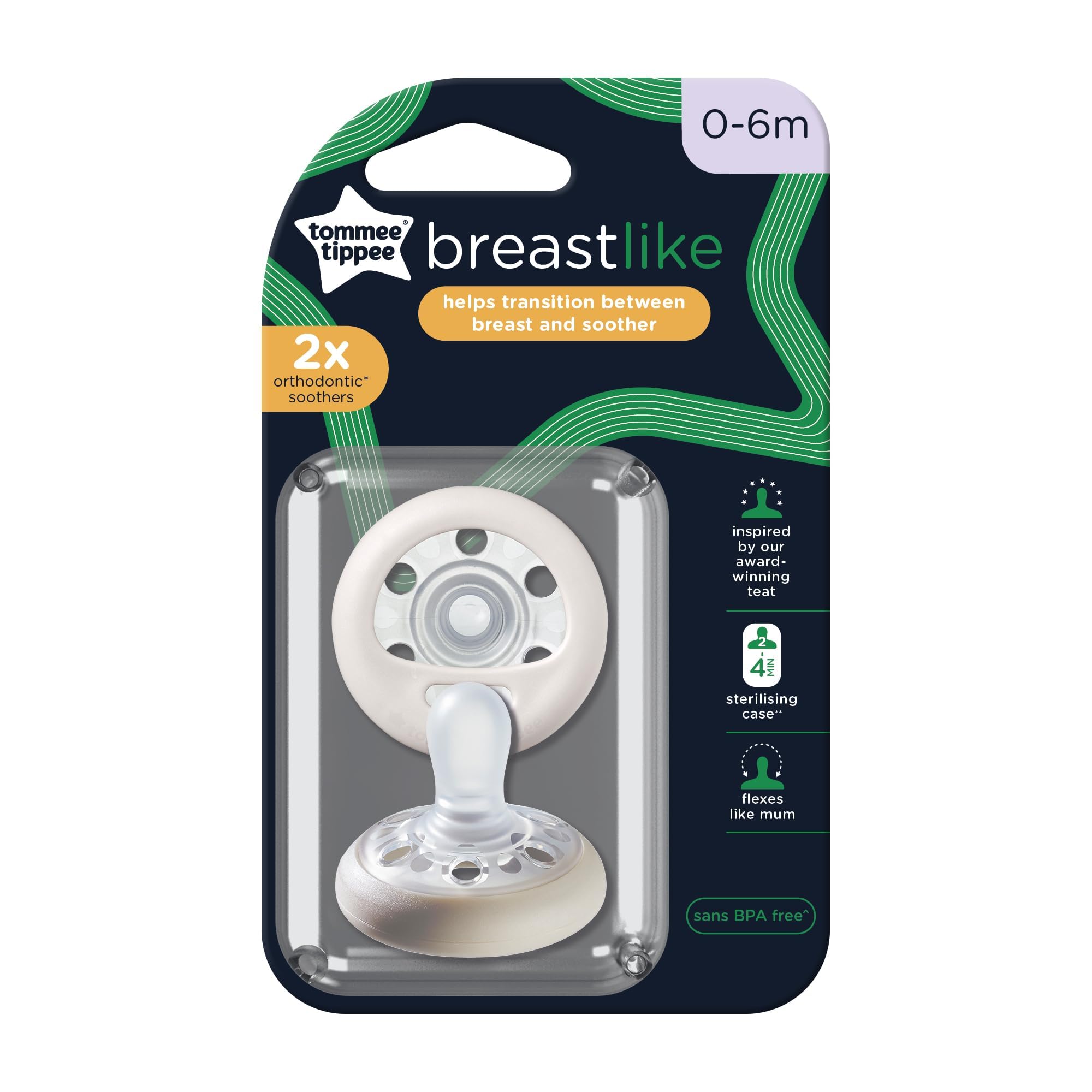 Breast-Like Soother, Skin-Like Texture, Symmetrical Orthodontic Design, BPA-Free, Includes Steriliser Box, 0-6m, Pack of 2