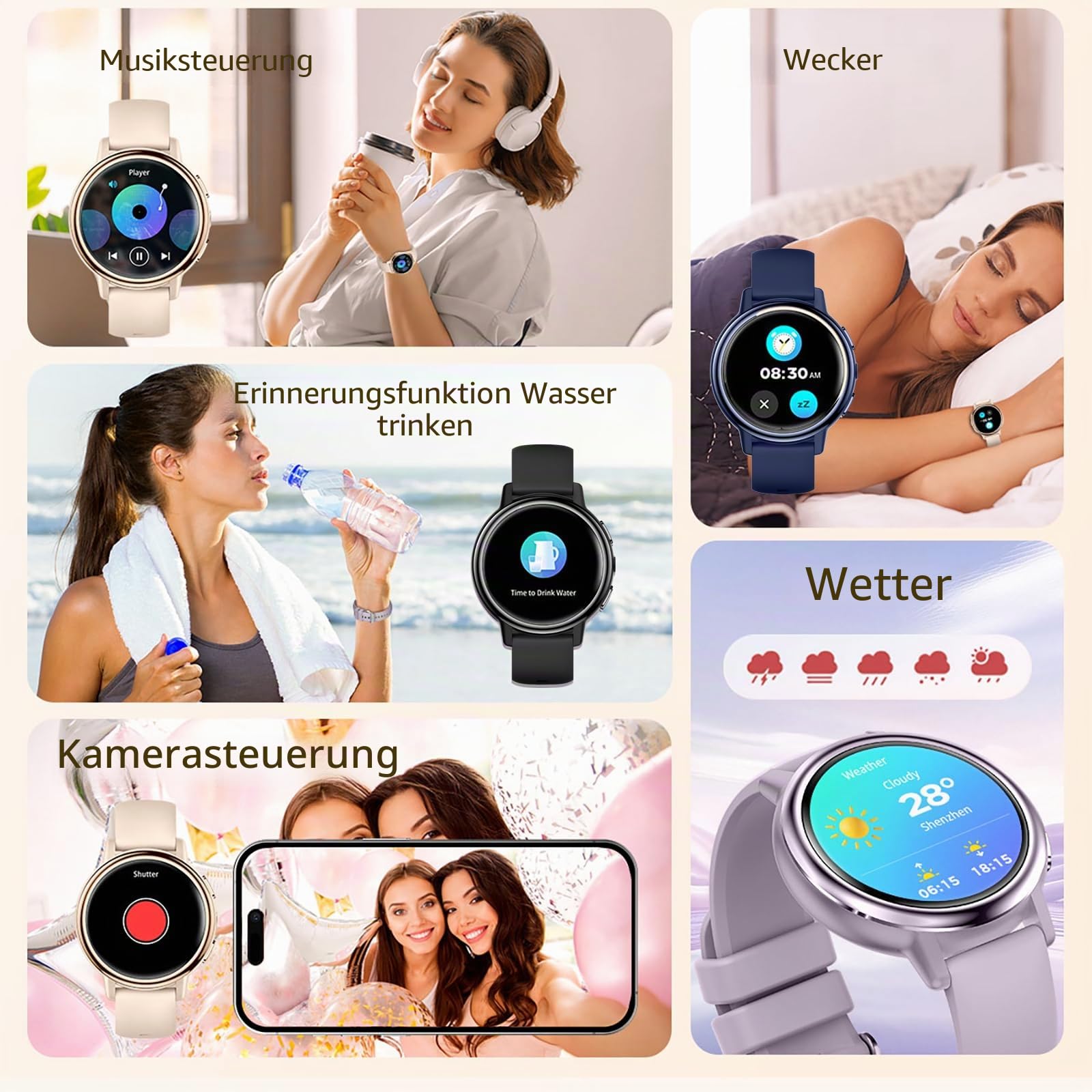 findtime Damen Smartwatch mit Telefonfunktion, 1.26" IPS Rund Touchscreen Elegante Rosa Armbanduhr mit Menstruationszyklus Schlafmonitor Schrittzähler Taschenlampe