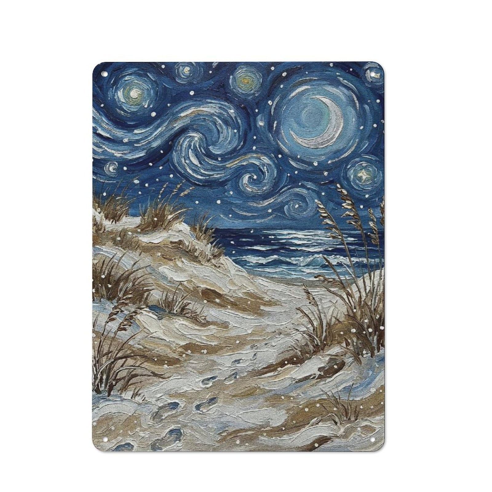 Junmoney Style-16 Rustic Starry Night Beach Painting Rustic Tin Sign 40X30cm, Porch Wall Decor For Greenhouse, Garden Room, Cafe Or Entryway