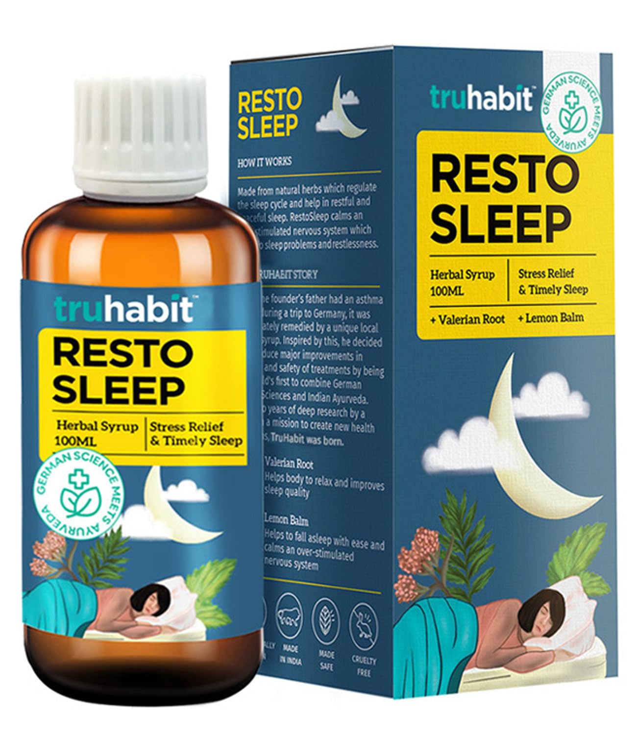 TruHabit Restosleep Herbal Syrup for Better Sleep & Stress Relief, with Lemon Balm and Valerian, No Melatonin, German Science with Ayurveda - 100ml Pack of 2 (Pack of 1) (Pack of 2) (B0D3F1V8CX) Amazon Price History, Amazon Price Tracker