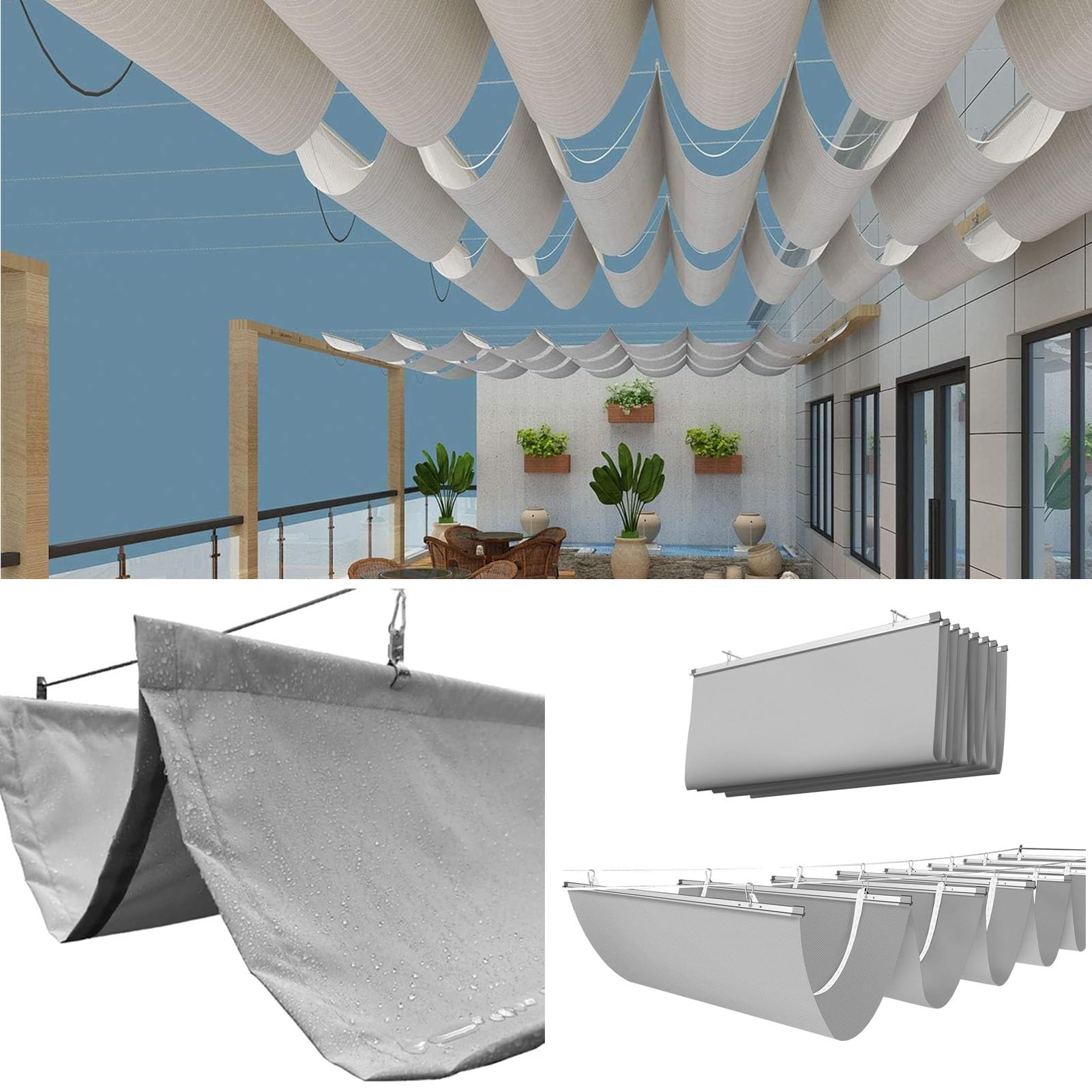 Voile d'ombrage rétractable en U gris 2x3,5m pour pergola de jardin et terrasse