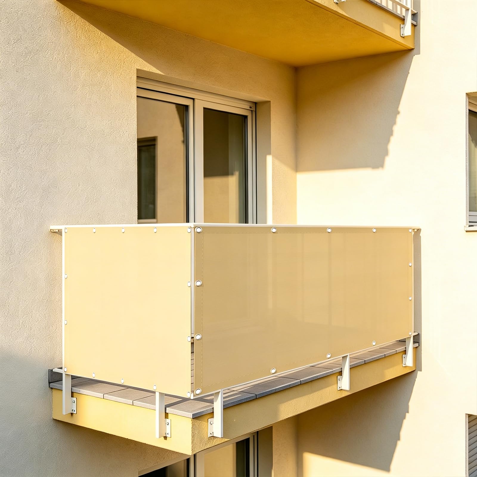 Brise vue balcon contre le vis-à-vis et la pluie, toile opaque crème avec œillets
