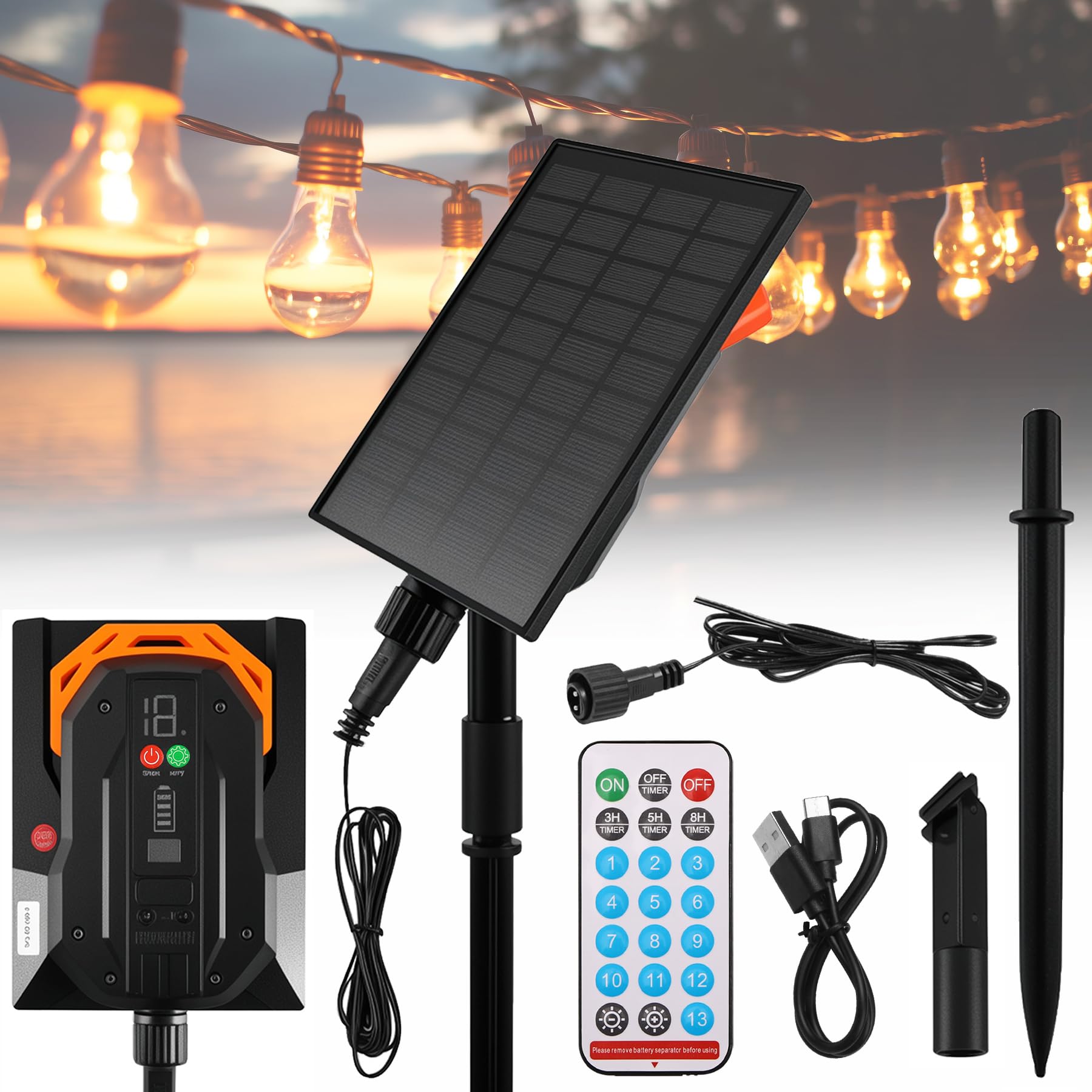 Joycabin 2400mah Solar String Light Control Box mit Fernbedienung 13 Beleuchtungsmodi Wasserdicht Einstellbare Leuchtkraft Solar Lampe String Controller für Solarpanel Lichterkette Außen