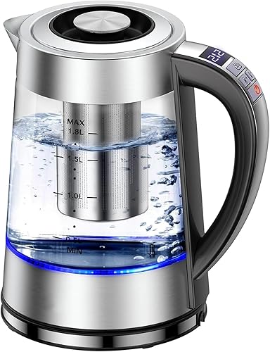 Hervidor eléctrico con control de temperatura para té y café, 1.8L 1500W, mantiene el calor - Infusor extraíble, hervidor de té de vidrio, caldera