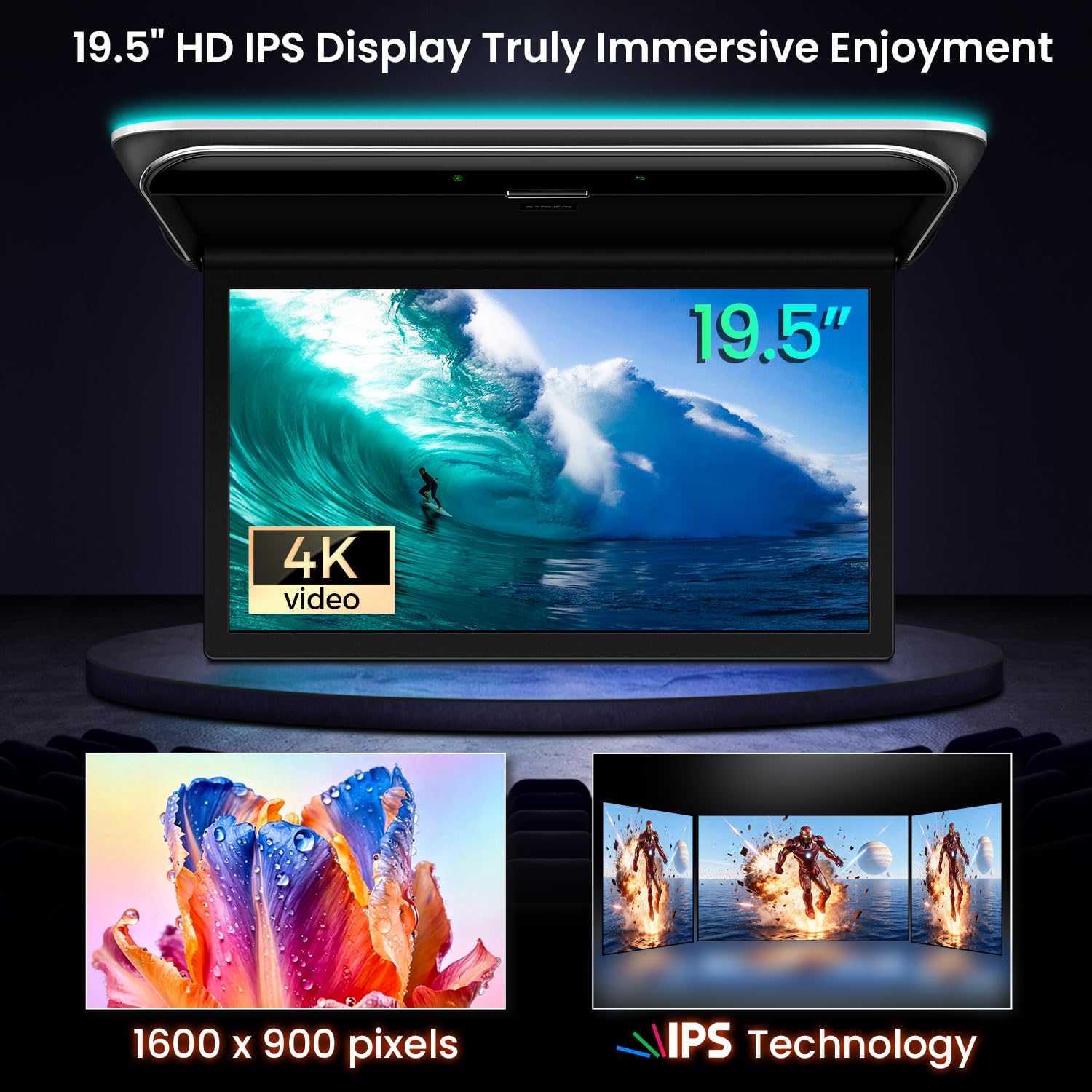 XTRONS 49,5 cm (19,5 Zoll) Android 14 Auto Overhead Flip Down Mount Monitor FHD IPS Bildschirm Octa-Core 4+64GB Autodach Multimedia-Player Auto Video mit überlegenem Sound Unterstützung HDMI/USB/AV/IR