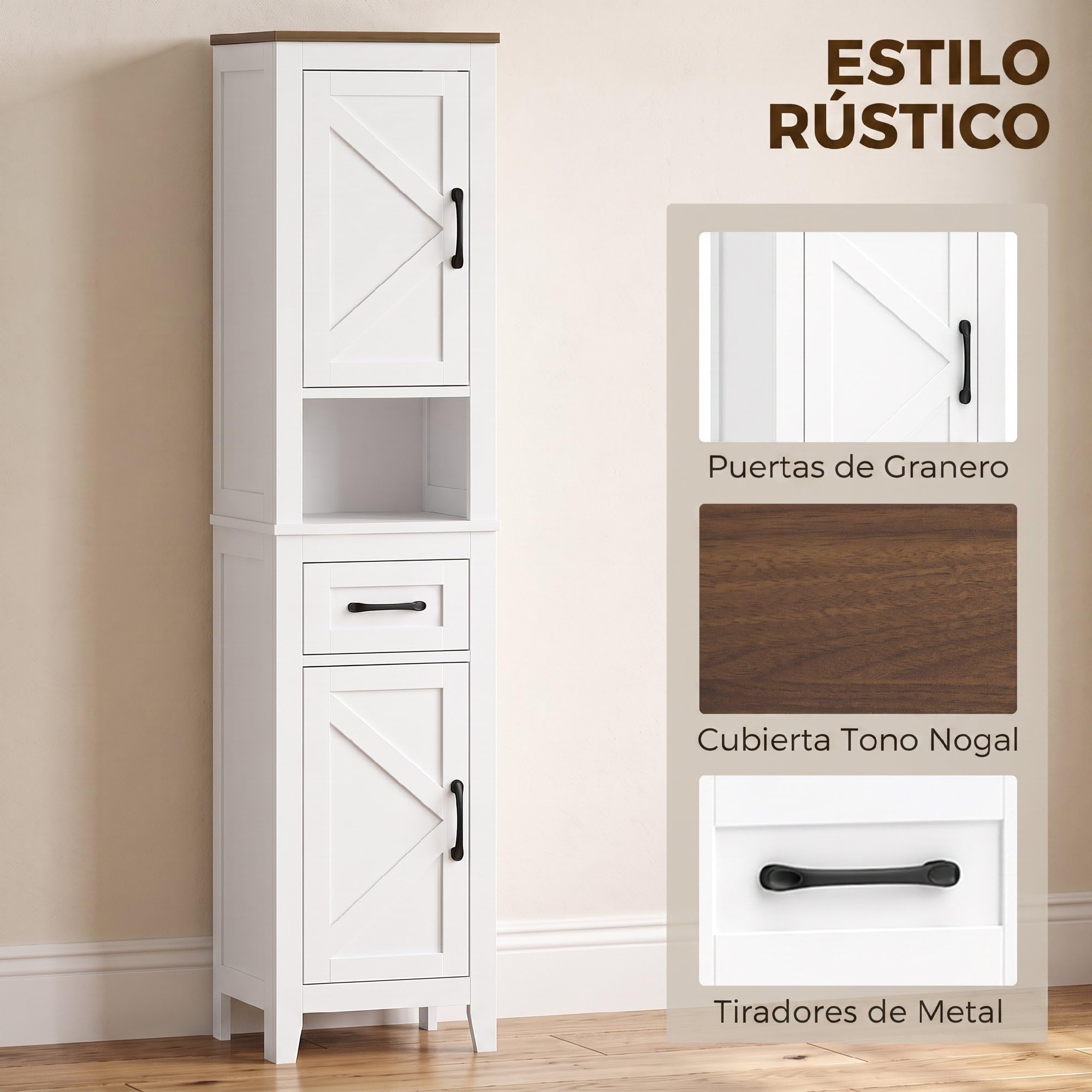 HOMCOM Armario de Baño Alto Mueble de Baño Estrecho 34,5x30x148 cm Blanco | Cajón, Estante Abierto, Puertas y Estantes Ajustables, Estilo Rústico
