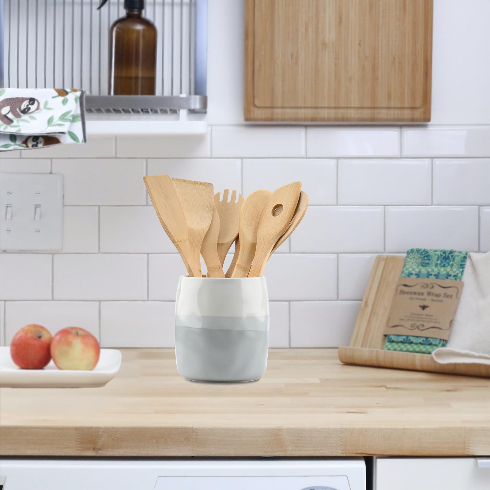 Porta Utensili da Cucina in Ceramica, Porta Posate da Cucina da Appoggio, Portamestoli da Tavola per Cucchiai, Spatole, Stoviglie, Design Stratificato Crema e Grigio (L)
