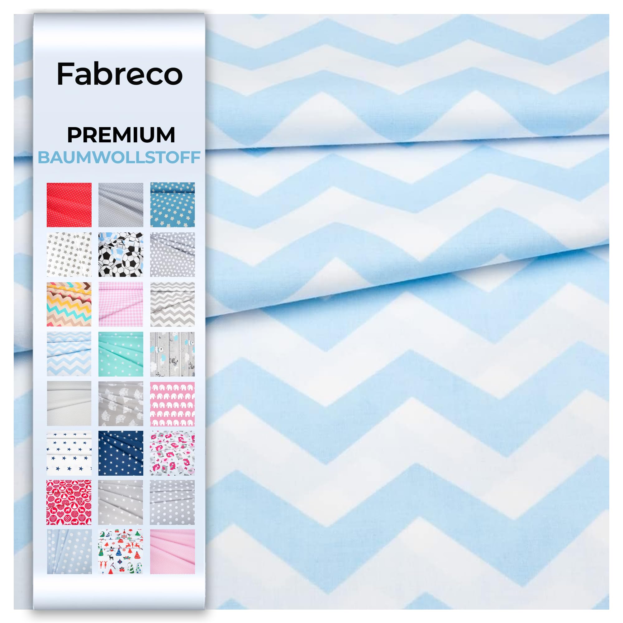 Fabreco - Baumwollstoff Meterware - 220g/lfm | Stoff Meterware mit Muster: Zickzack blau 1,5 cm | Weich, langlebig & hautfreundlich