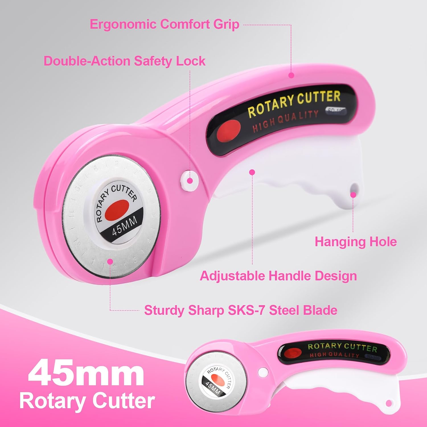 Rotary Cutter for Fabric, 45mm Rotary Cutters Kit with Extra 10 Blades, Ergonomic Rolling Cutter with Safety Lock, Suitable for Leather, Crafting, Sewing, and Quilting Fabric (Pink)