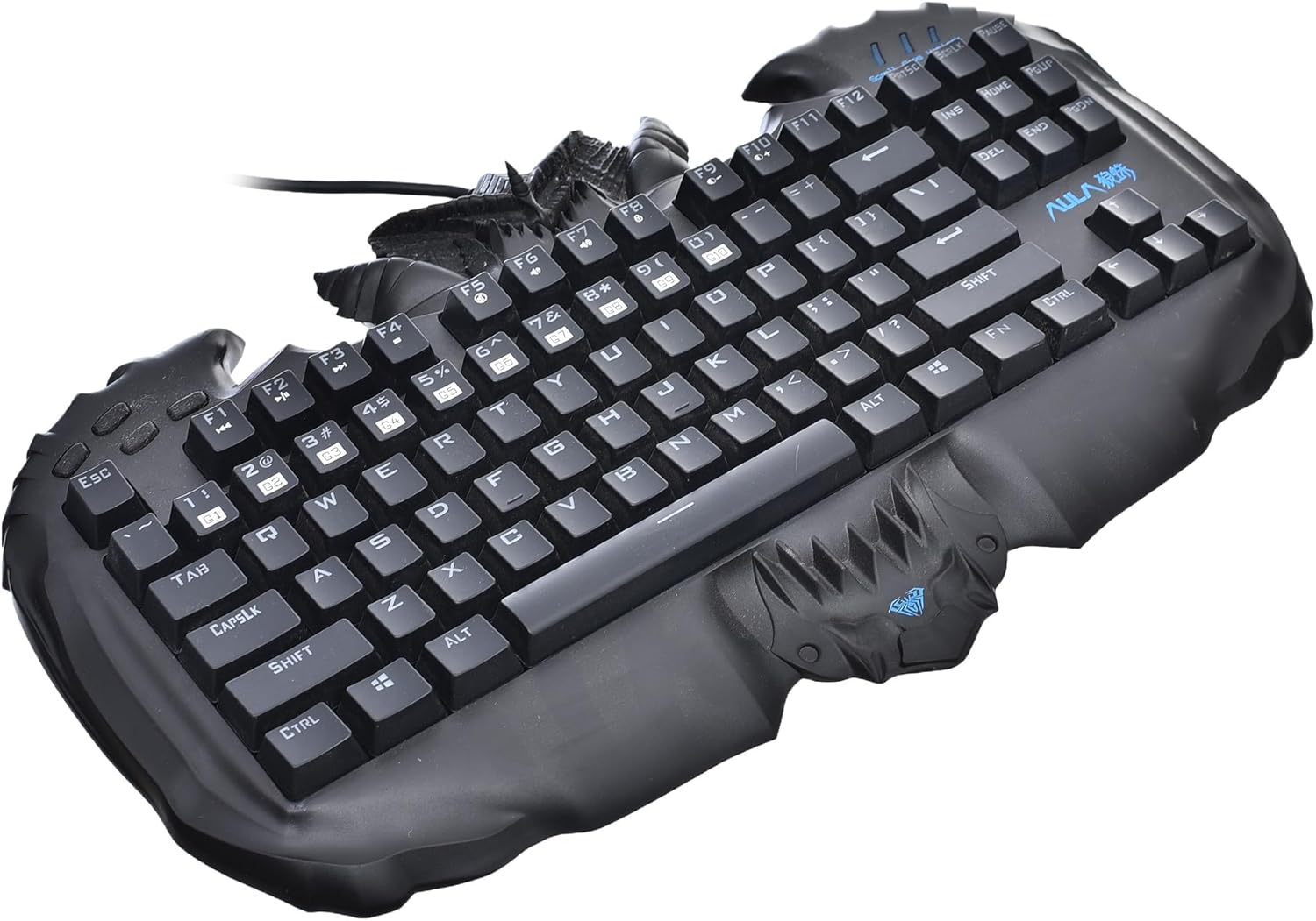 Angled view of the Aula Monster Design Gaming Keyboard, showing the side profile and keycaps