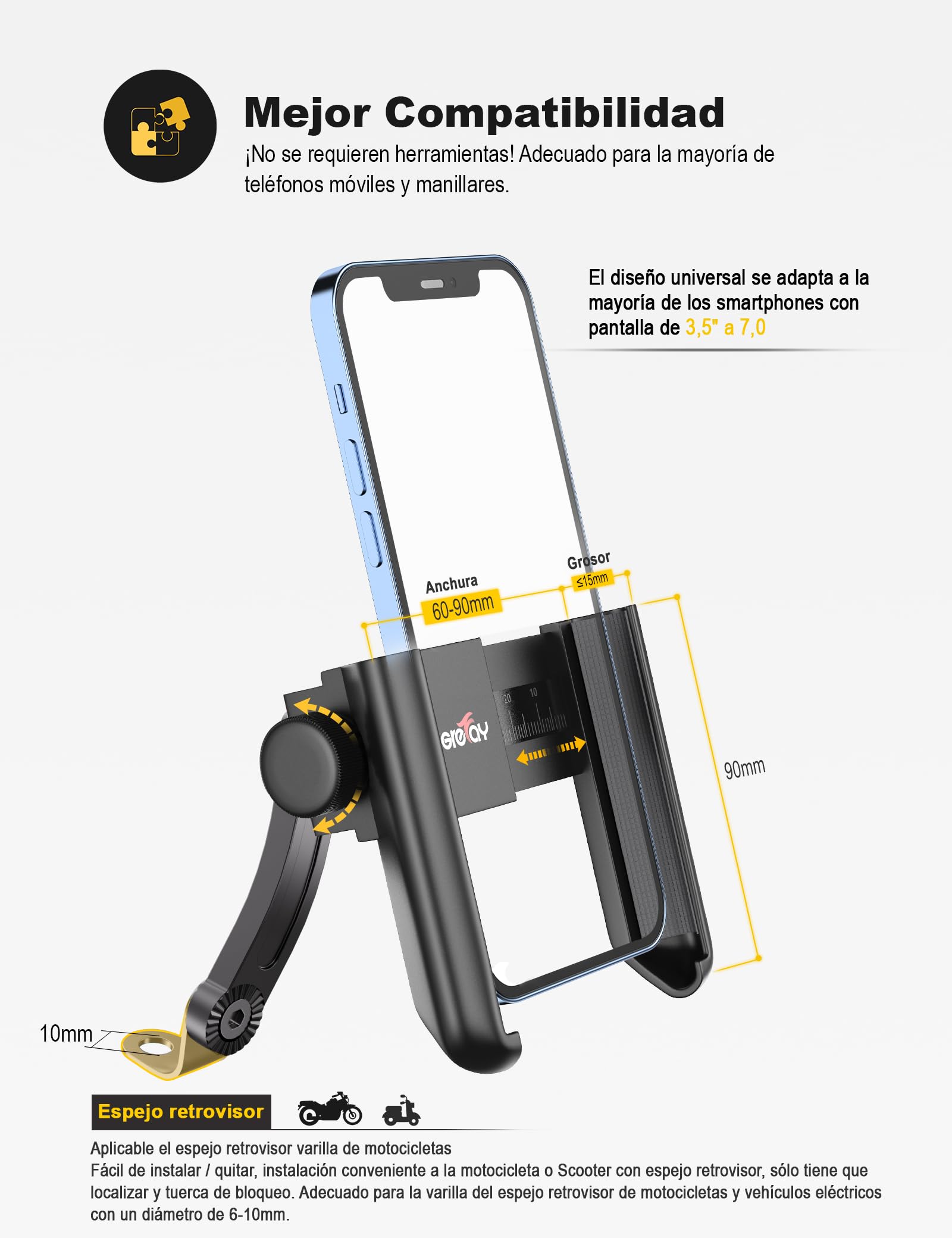 Grefay Soporte Móvil Moto Scooter Desmontaje Rápido 1S 360° Giratorio para Teléfonos 3.5-7.0 Pulgadas