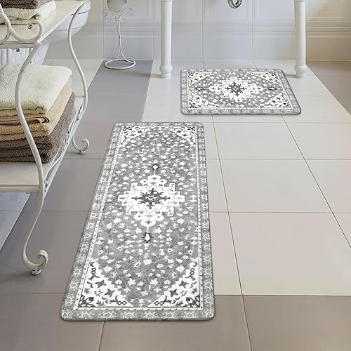 Miniatura 7 de Uphome Juego de 2 tapetes de baño bohemios vintage, antideslizantes, suaves, lavables a máquina, oriental estético, tapete de baño tradicional