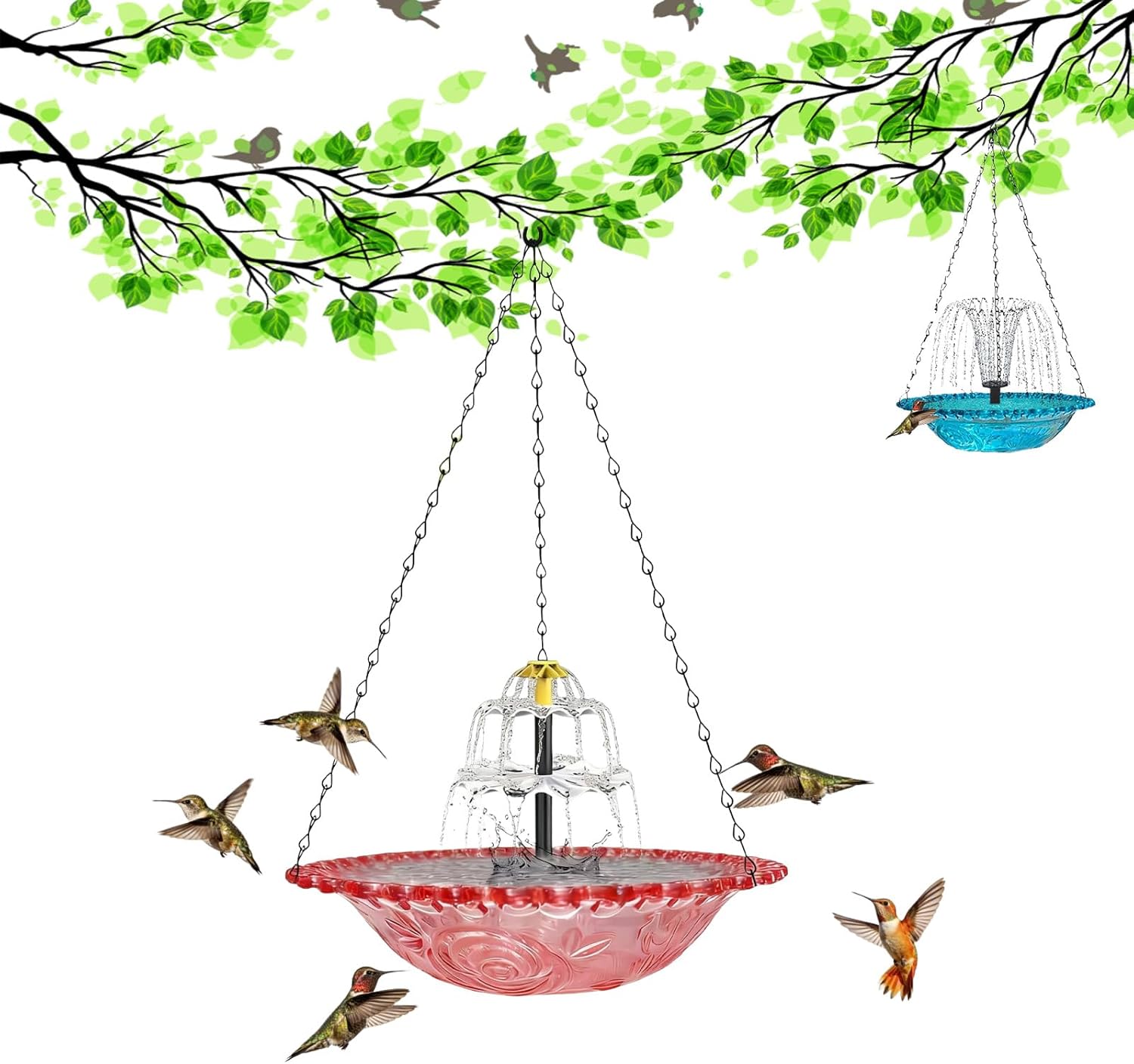 Solar Cascade Hanging Bird Bath Fountain, Outdoor Bathable Bird Feeder, No Wiring or Power Required, Attract Wild Birds & Hummingbirds, for Outdoor Garden, Terrace Decoration (Pink, Double Layer)