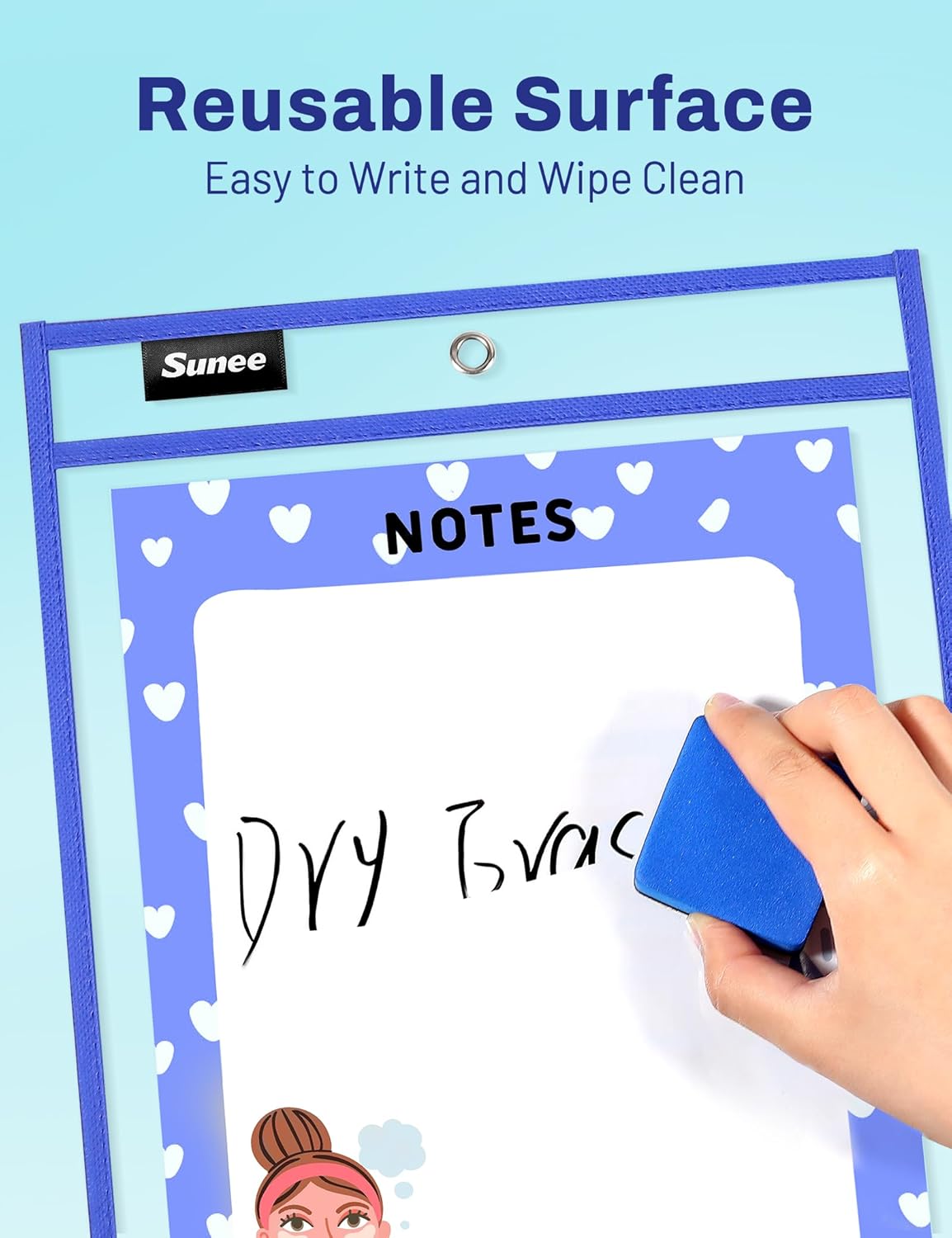 SUNEE 50 Packs Oversized Reusable Dry Erase Pocket Sleeves with 3 Rings, 10 Assorted Colors 10x14 Ticket Holders, Clear Plastic Sheet Protectors, Teacher School Classroom Supplies