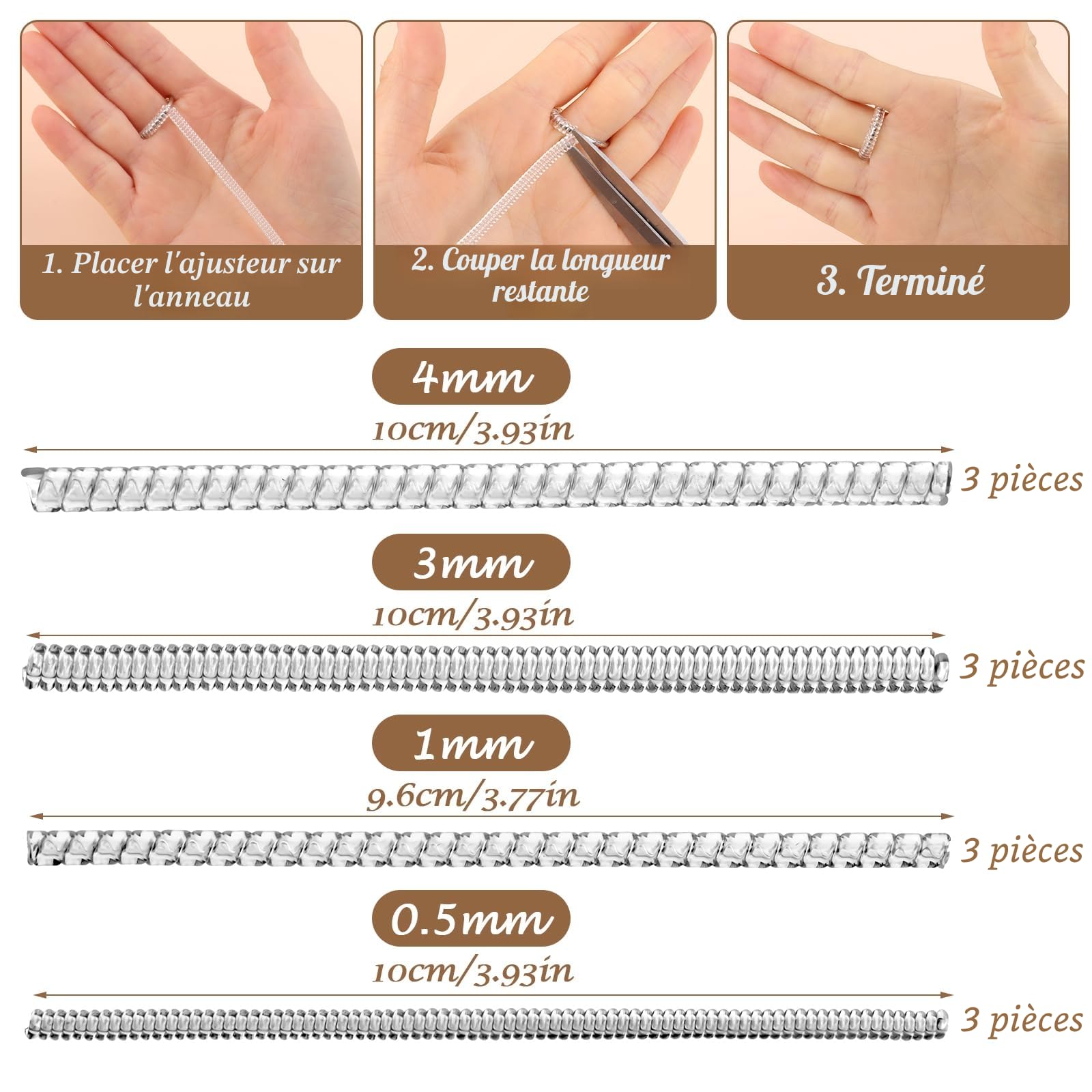 20 pièces Ajusteur de Taille de Bague Invisible pour Bagues Desserrées, Ajusteurs D'anneaux en Spirale, Tailles Adaptateur Bague Trop Grande