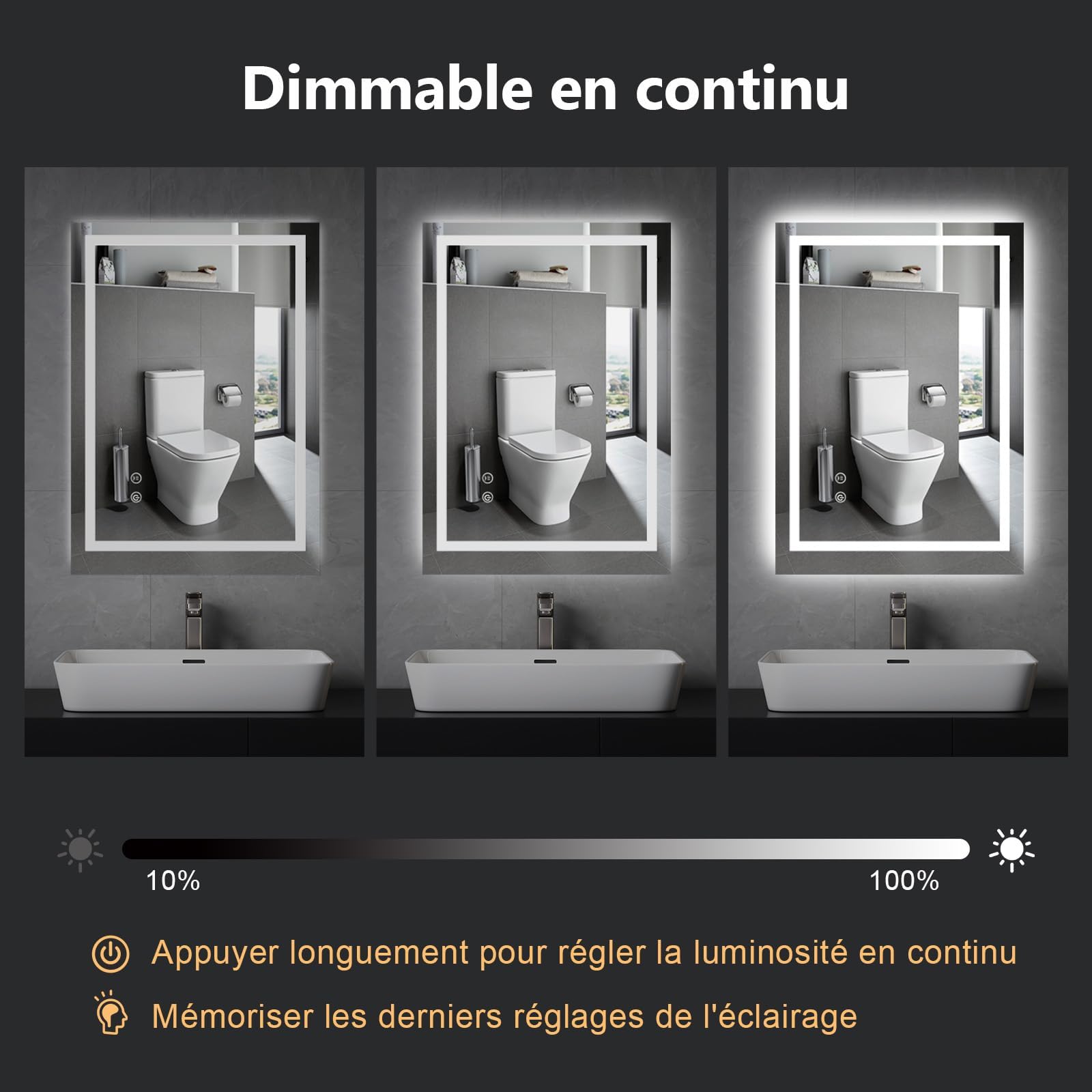 Trintion Miroir Salle de Bain LED 70x50 cm Éclairage 3 Couleurs Réglable