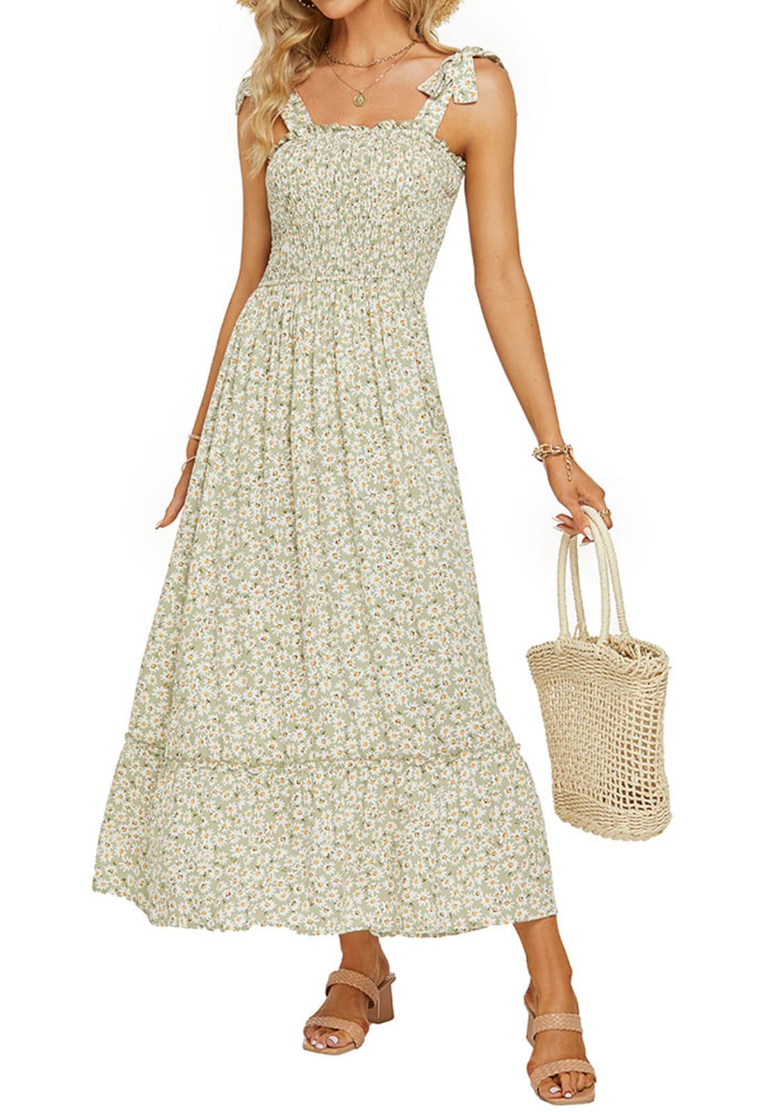 Photo 1 of *******DAMAGED, RIPPED******
Tobrief Womens Smocked Dress Ruffle Floral Tie Strap Boho Long Maxi Dresses Light Green S