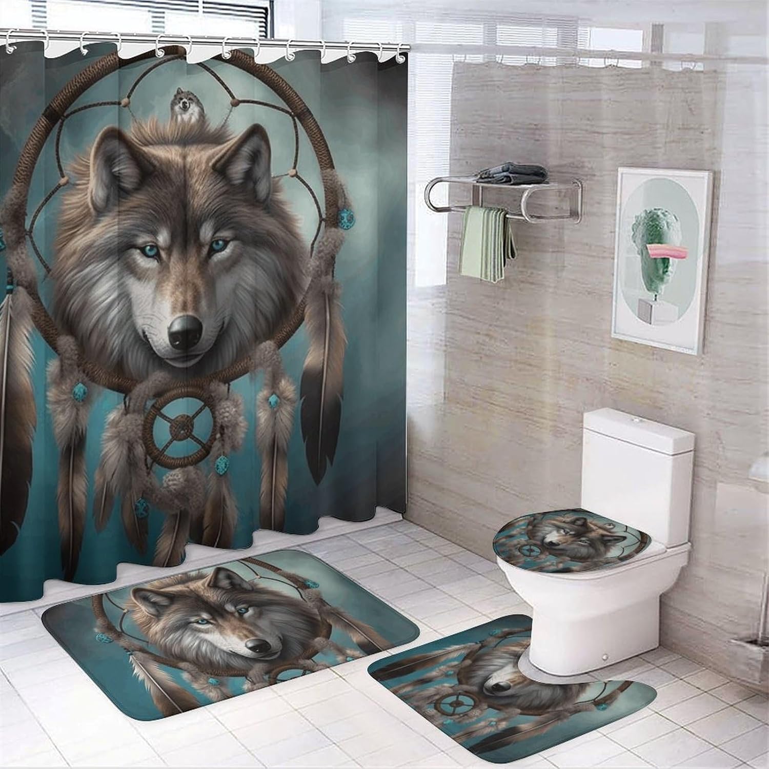 3D Wolf Dream Catcher Shower Curtain Set 4 Piece, Non-Slip Bath Mat with Toilet Lid Cover and Waterproof Shower Curtain with 12 Hooks, Complete Bathroom Set for Home Decor