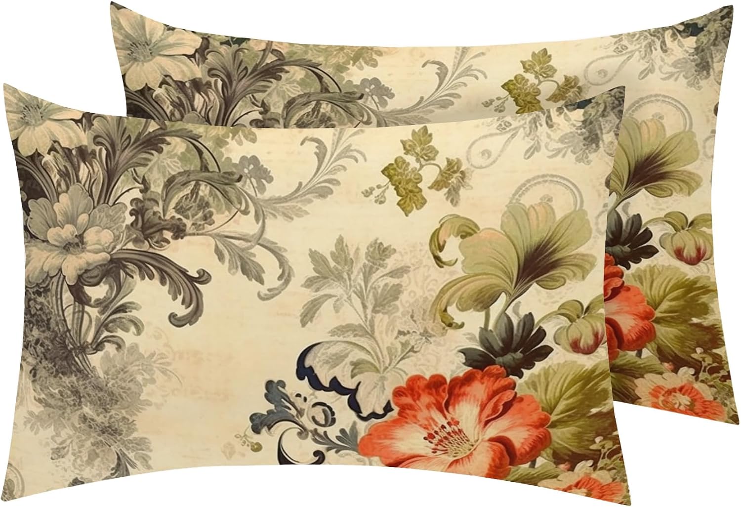 Floral Pillow Cases Queen Size Set of 2 - Soft Breathable Microfiber Pillowcases with Envelope Closure, Vintage Flower Rustic Shabby Chic Patterned Pillow Covers, Vintage Floral Decor