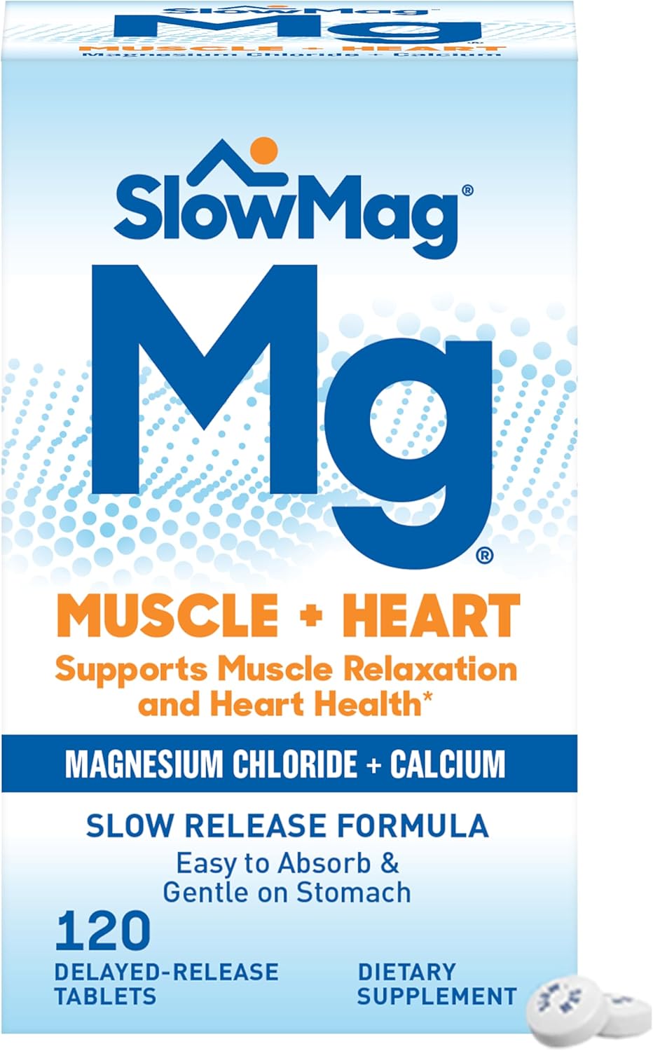 SlowMag Muscle + Heart Magnesium Chloride with Calcium Supplement to Support Muscle Relaxation, Occasional Muscle Cramping & Heart Health, High Absorption, 120 Count