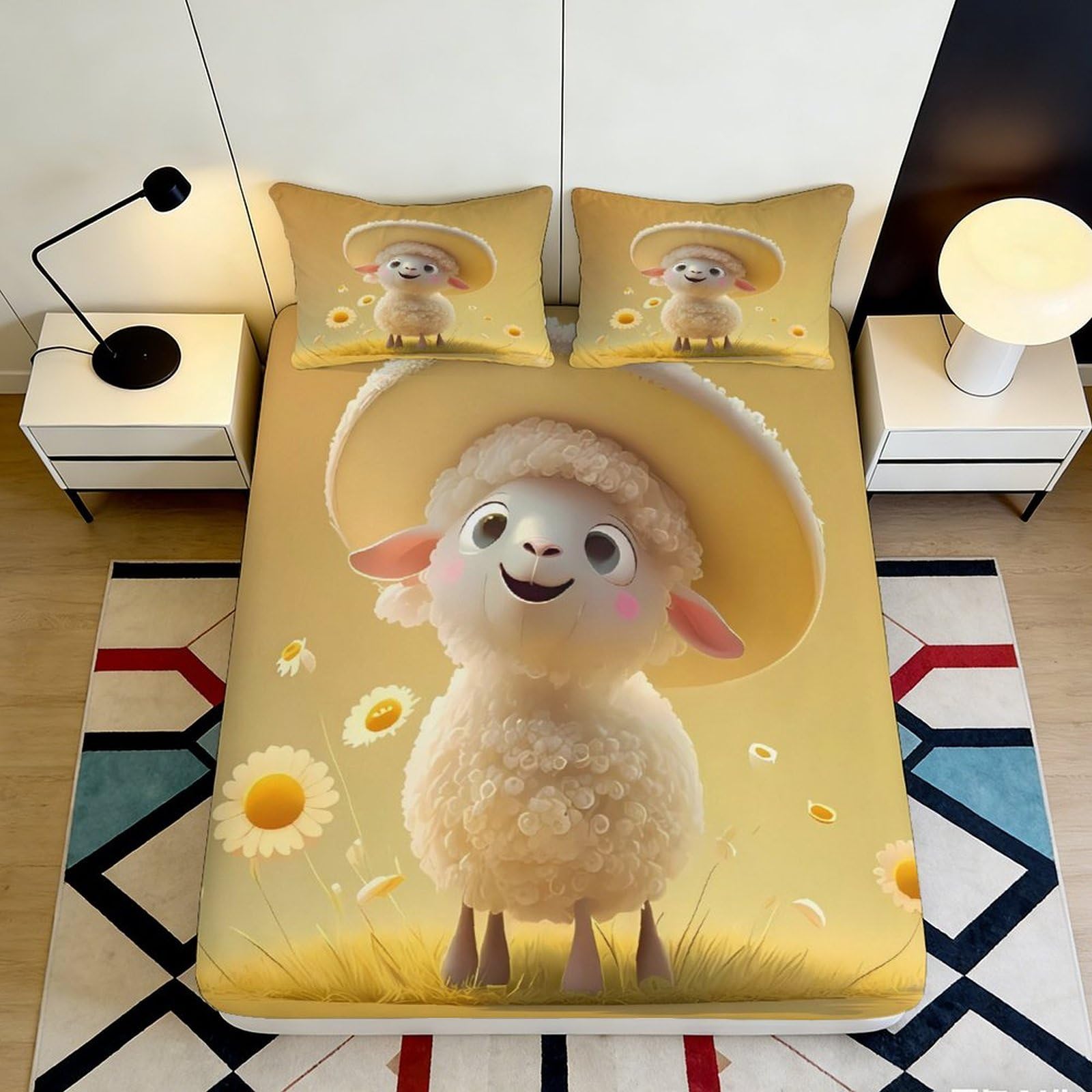 3D Printed Cute Sheep Fitted Sheet Microfiber Soft Yellow Cartoon Lamb Mattress Cover for Bedroom Guest Room Decor 90x200x25cm