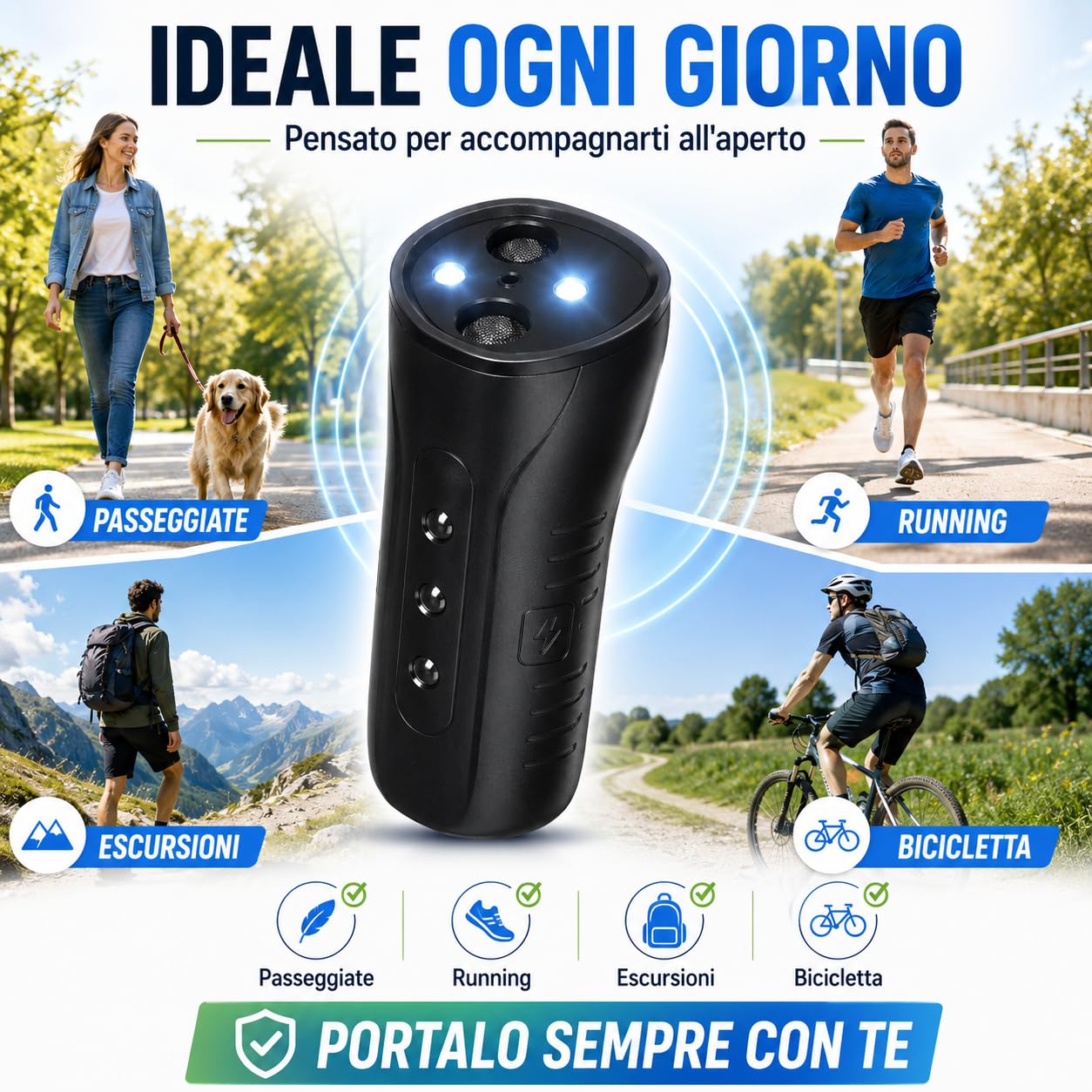 Repellente Ultrasonico Portatile per Cani - Dispositivo Ultrasuoni Dissuasore Antiabbaio e Addestramento con Doppia Frequenza e Torcia LED - Scacciacani Tascabile di Sicurezza e Difesa