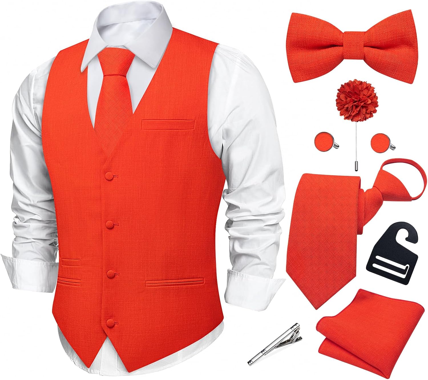 DiBanGu Mens Linen Vest and Zipper Tie Set Formal Dress Vest Pocket Square Holder Lightweight Tuxdeo Waistcoat Wedding 8PCS