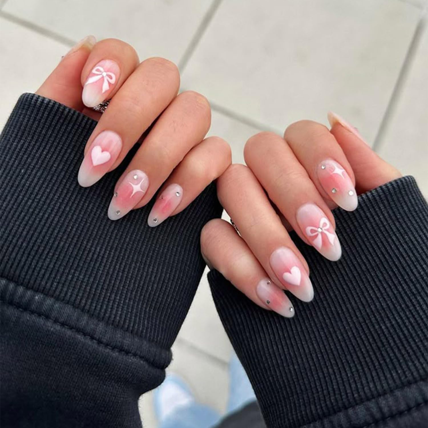 Secret Lives Glossy Reusable Artificial White & Pink Color with 3D Stone & Heart Star Design Fake False Press on Nails 24 pieces Set with Kit-image-28