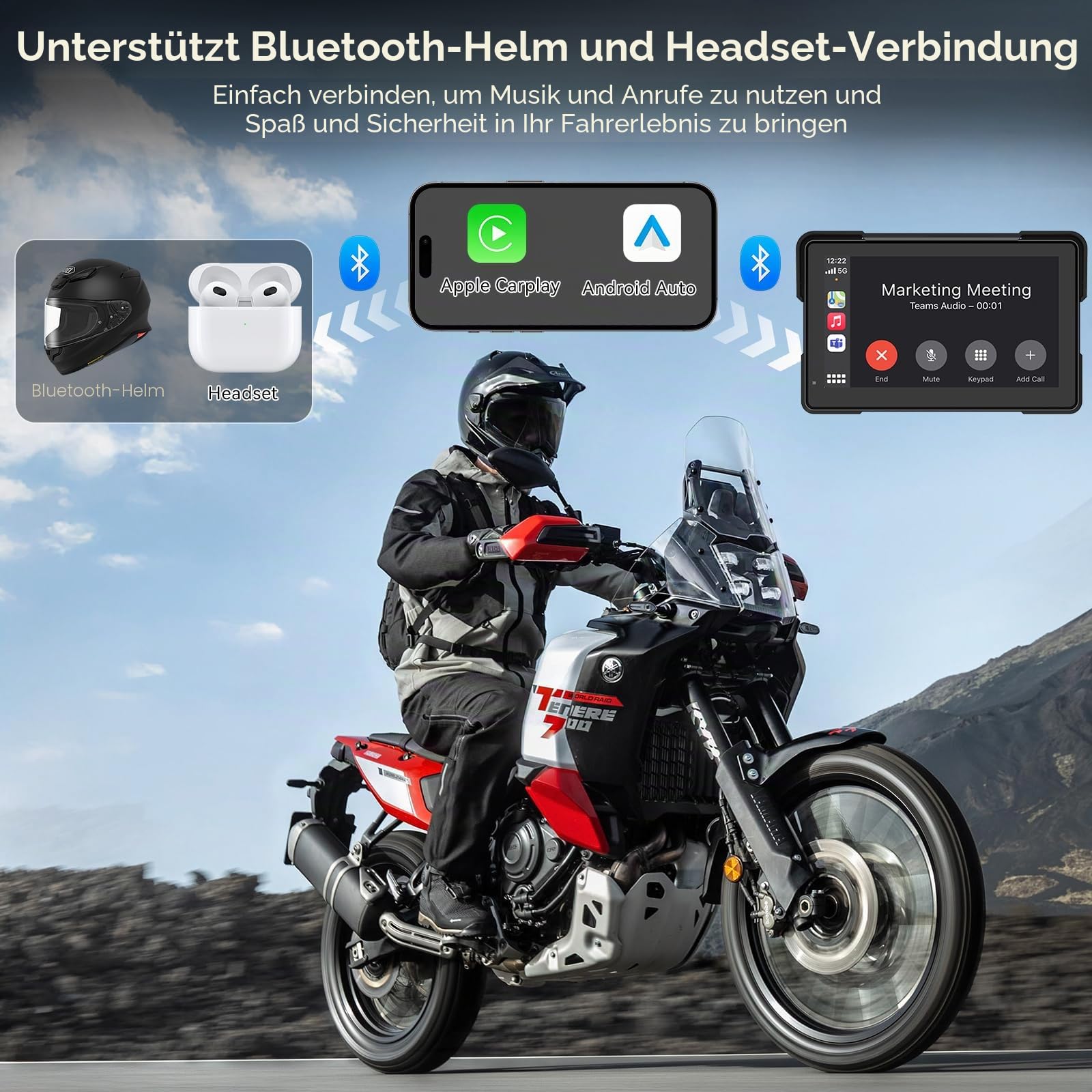 7" Motorrad CarPlay Display, Kabelloses CarPlay & Android Auto, IPX67, GPS | Kompatibel mit TPMS, Apple CarPlay & Android Auto, Dual Bluetooth, Sprachsteuerung, GPS