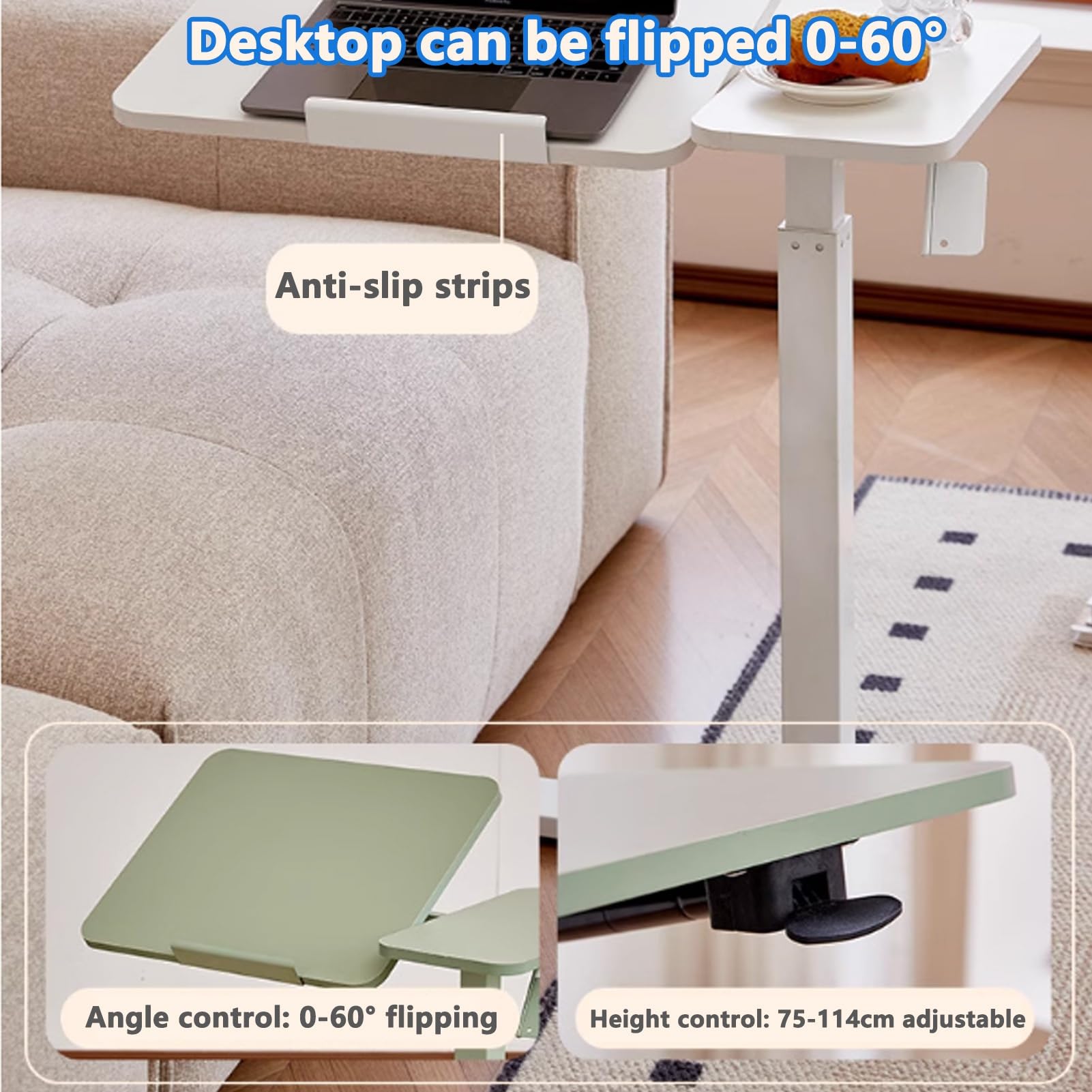 Mesa para cama con ruedas ocultas, escritorio elevador móvil para laptop con panel abatible para dormitorio y sala de estar