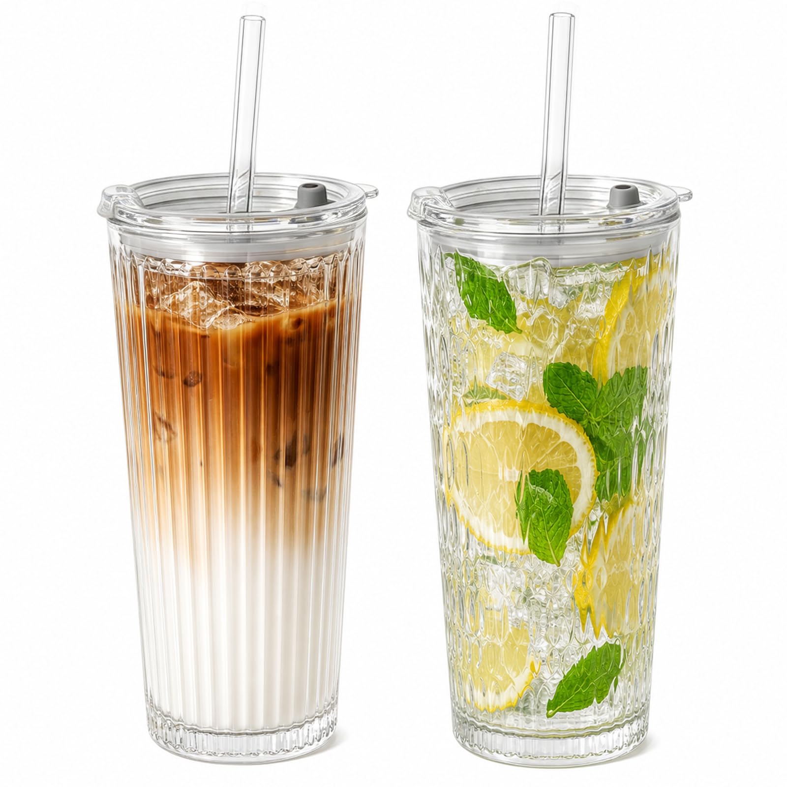 zxevg 2-Pack 530ml Premium Glass Set, Ribbed & Diamond Pattern Tumblers