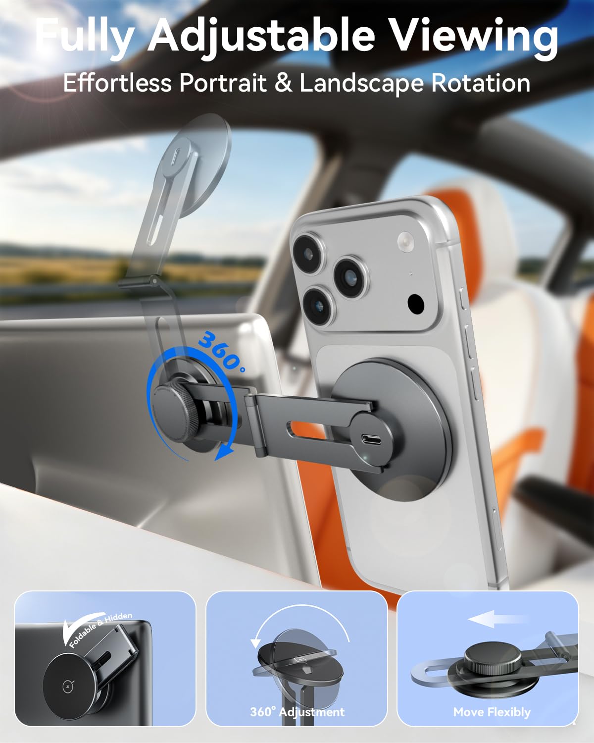 Soporte Magnético para Tesla con Carga Inalámbrica 15W, Soporte Metálico Plegable y Extensible con Ajuste 360°, Compatible con MagSafe para iPhone, Tesla 3/Y/S/X/Cybertruck