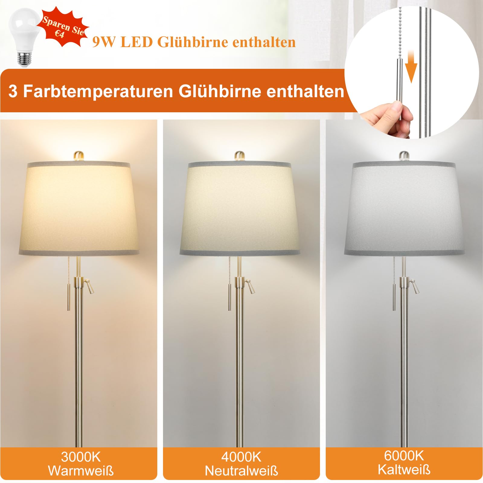 Qingmiao Stehlampe Wohnzimmer - Silber Modern Stehleuchte Standleuchte | 140-165cm höhenverstellbare Leselampe mit Leinen-Lampenschirm, 3 Farbtemperatur, E27 Fassung, 9W Glühbirne inklusive