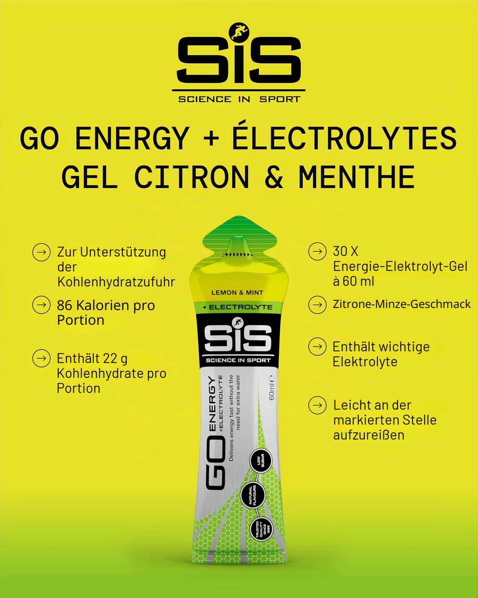 Science in Sport GO Energy Gel + Elektrolyte Gel 30 x 60ml Zitrone und Minze, Vegan - Ideal für Energiezufuhr und den Ausgleich des Elektrolyte-Haushalts